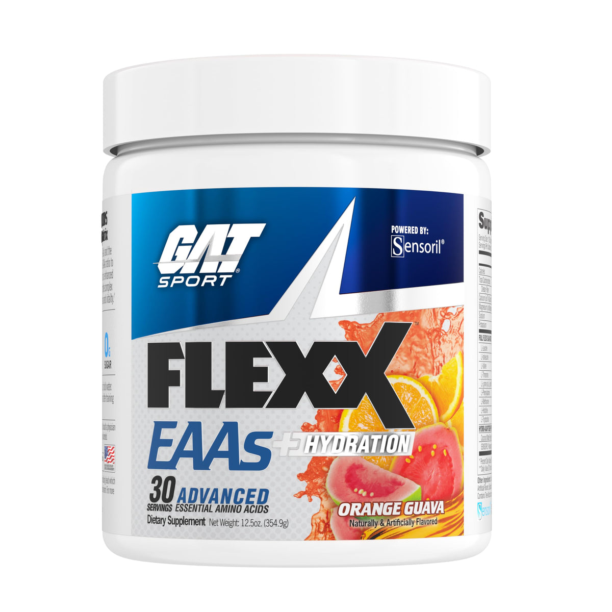 Botella de GAT SPORT Flexx EAAs, sabor Naranja Guayaba, ideal para hidratación durante entrenamientos.