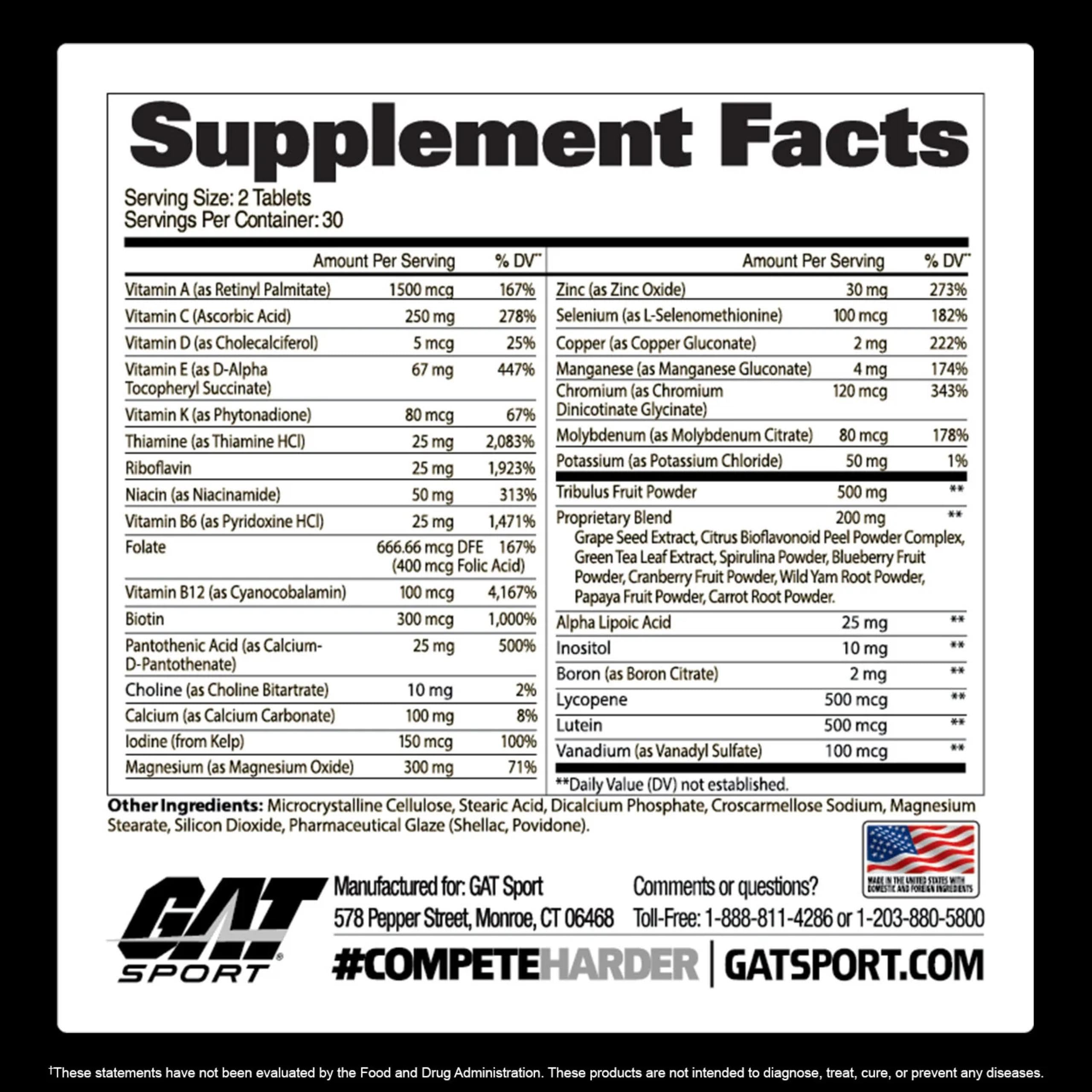Etiqueta detallada de GAT SPORT Multi + Test, información clara para elegir nutrientes