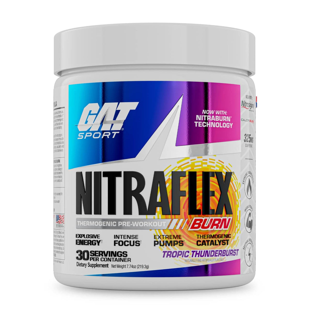 GAT SPORT Nitraflex Burn en bote de polvo para entrenamiento intenso y enfoque.