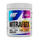 GAT SPORT Nitraflex Burn en bote de polvo para entrenamiento intenso y enfoque.