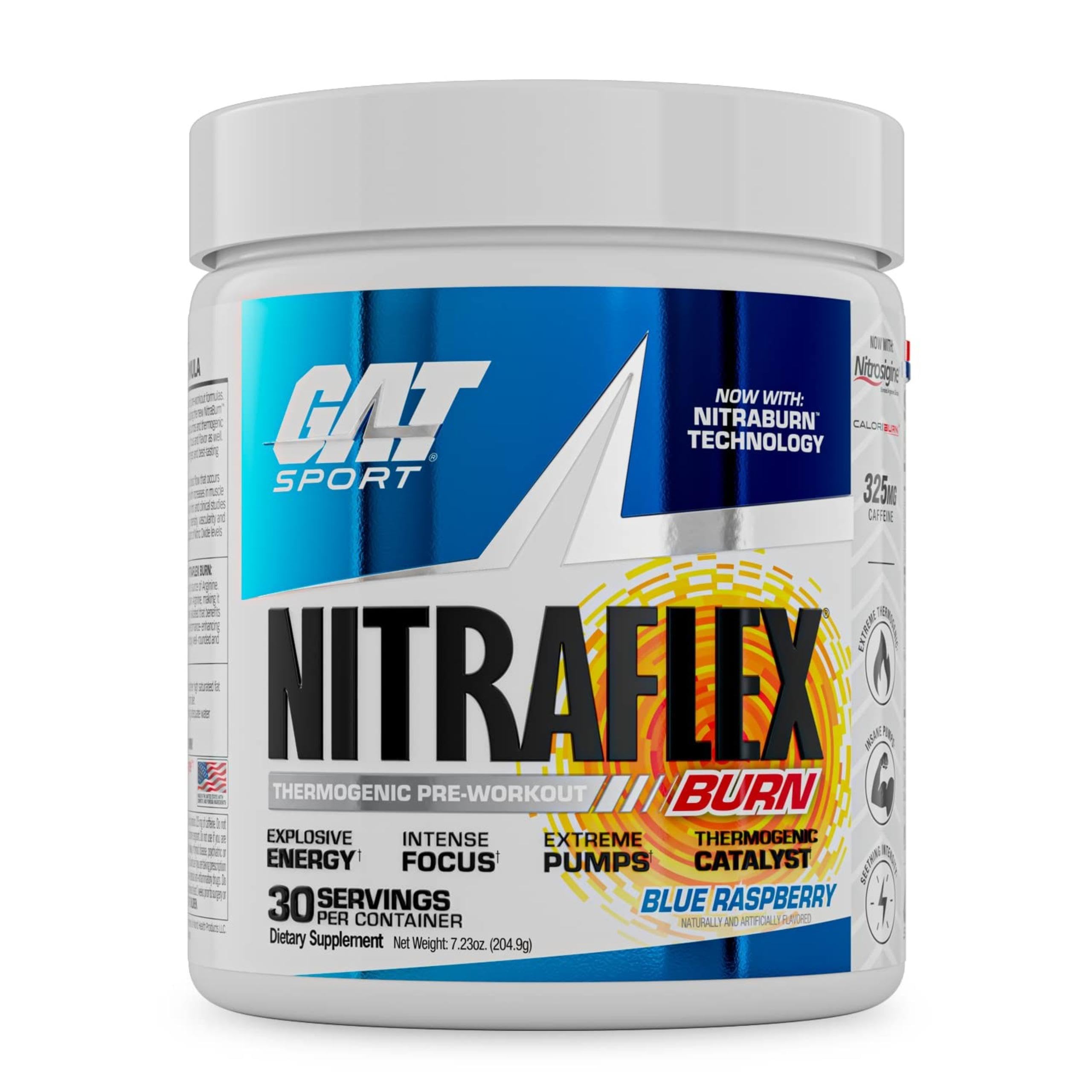 GAT SPORT Nitraflex Burn – botella frontal para consumo previo al entrenamiento.