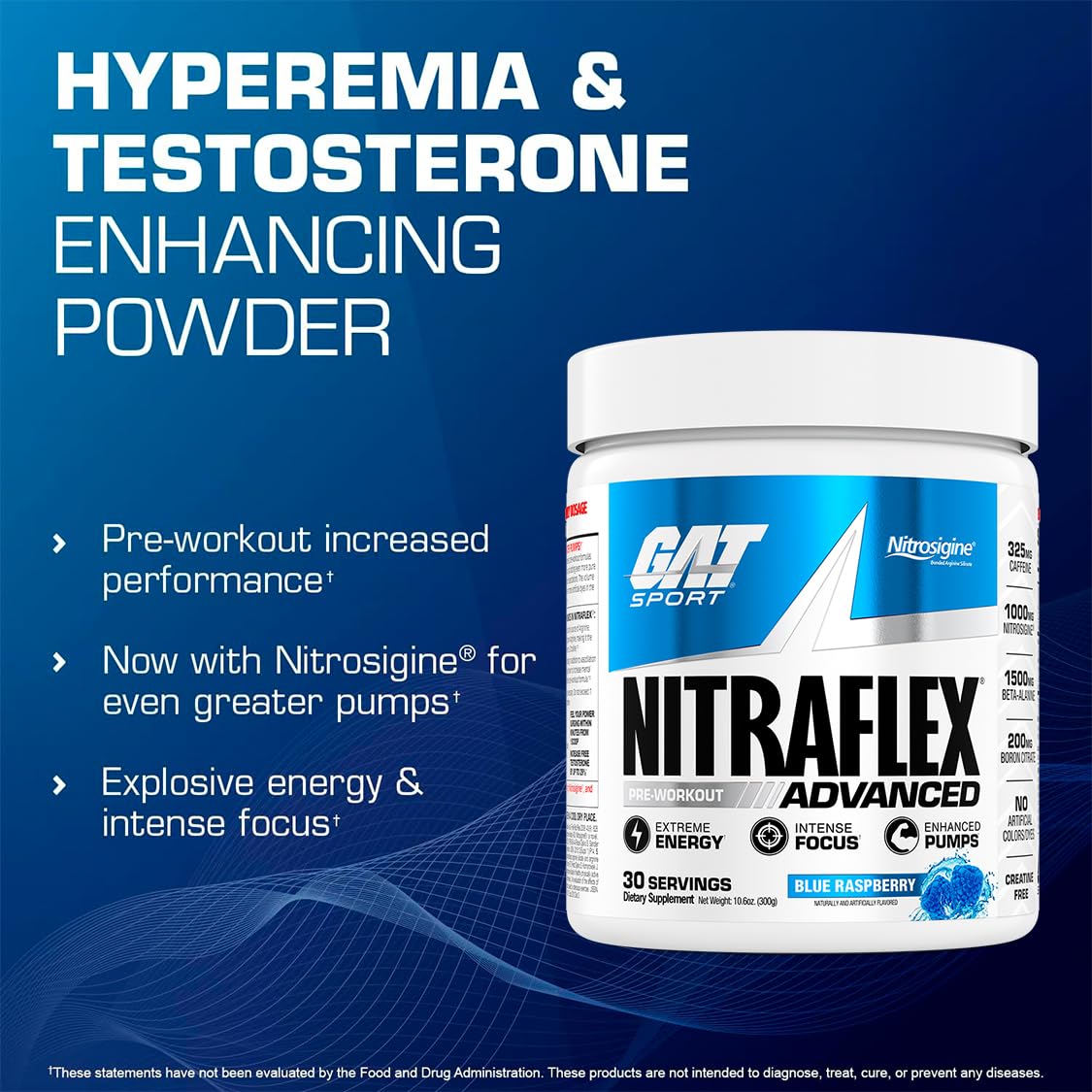 GAT SPORT Nitraflex, etiqueta frontal destacando Nitrosigine y dosis.