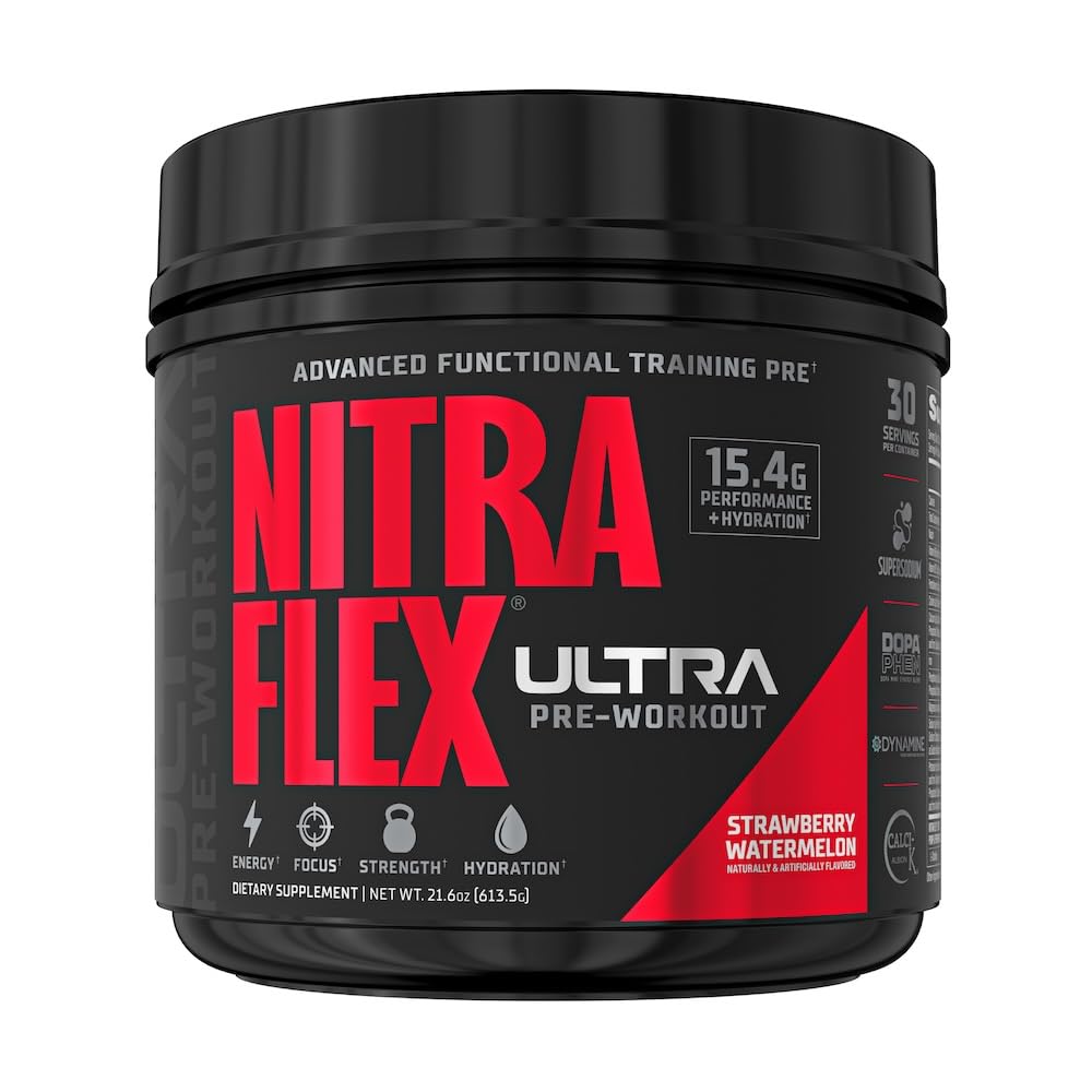 GAT SPORT Nitraflex Ultra, sabor fresa sandía, energía sostenida para entrenamientos prolongados.