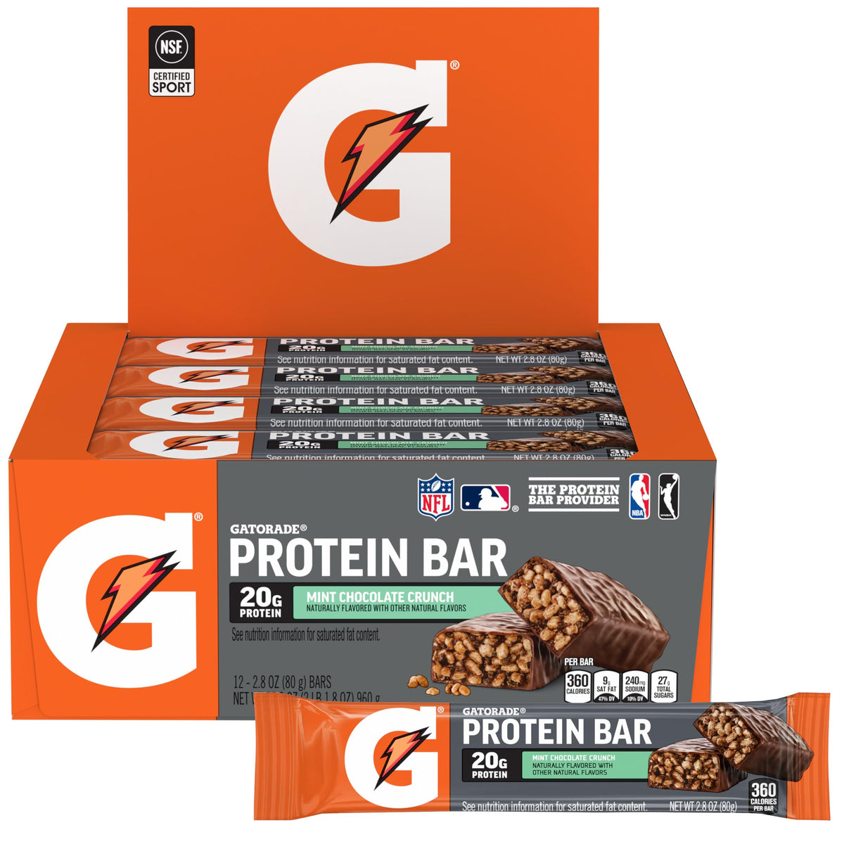 Barra Gatorade proteina de suero con menta chocolate crujiente envase individual para entrenar