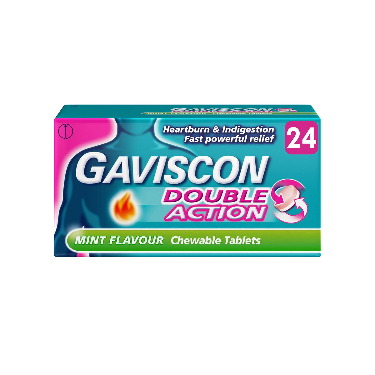 Gaviscon Doble Acción Tabletas Menta en empaque, alivio rápido del ardor estomacal.