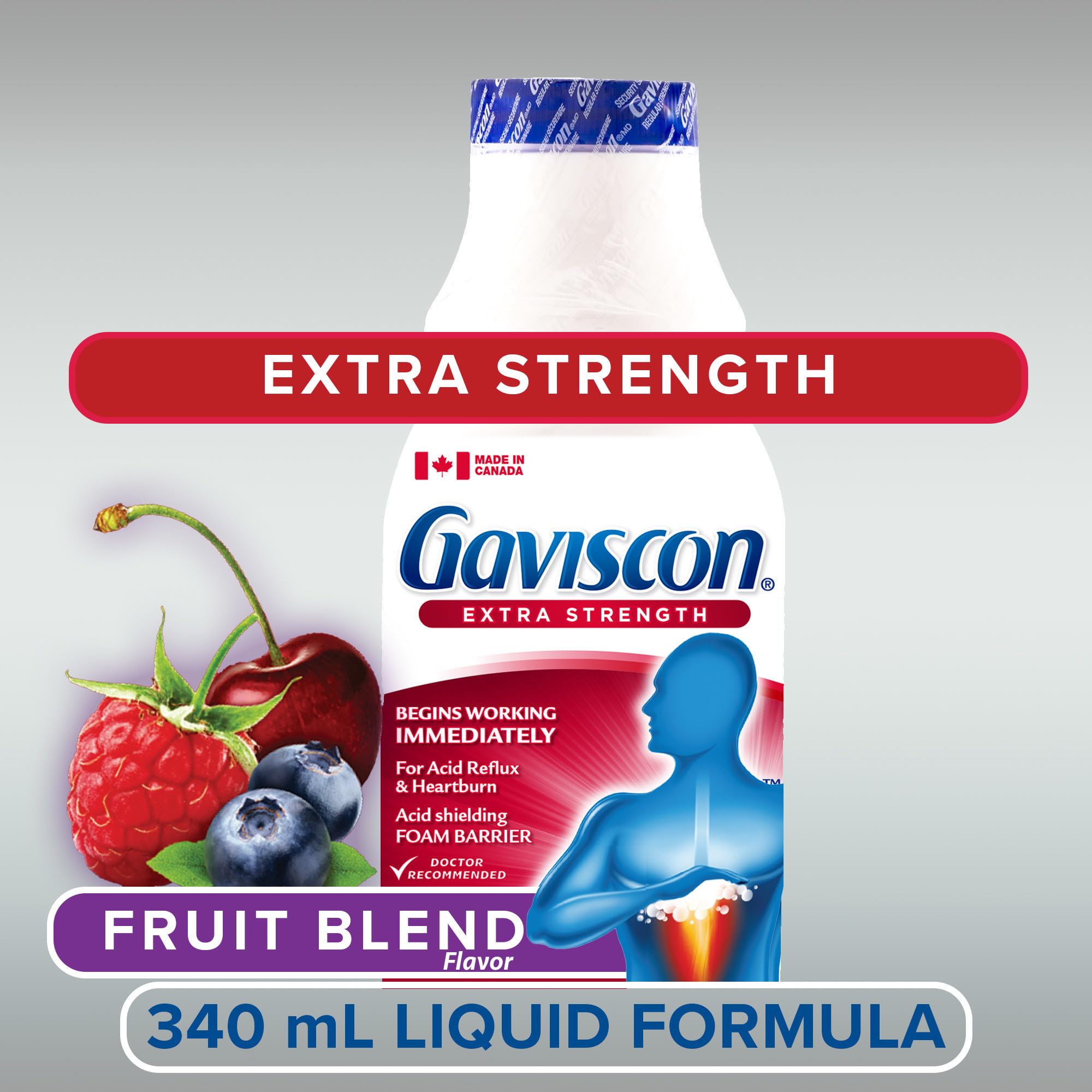 Gaviscon Extra Strength Líquido Fruta, botella de 340 ml; sabor a fruta para consumo diario.