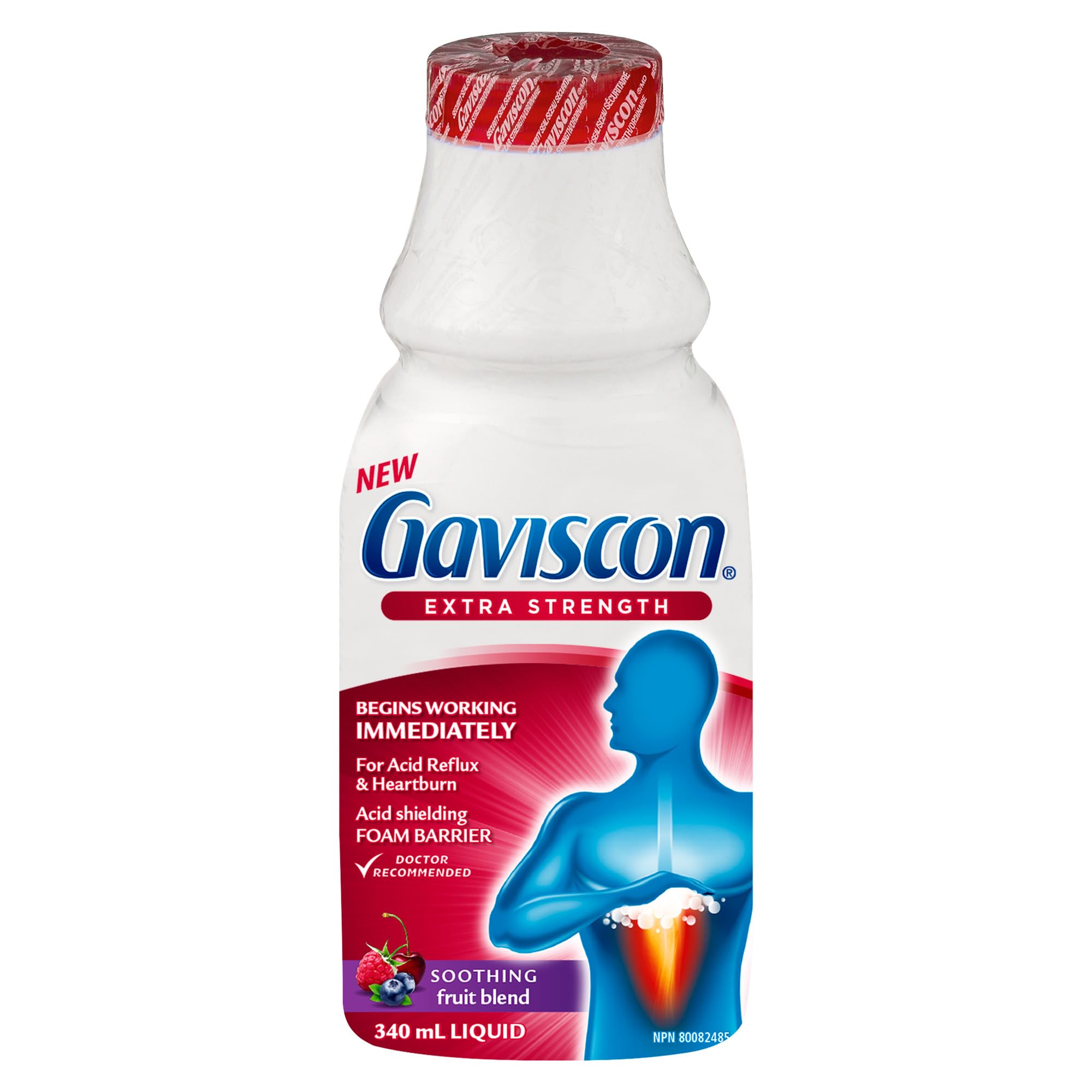 Gaviscon Extra Strength Líquido Fruta, botella vertiendo; posible alivio de la acidez tras las comidas.