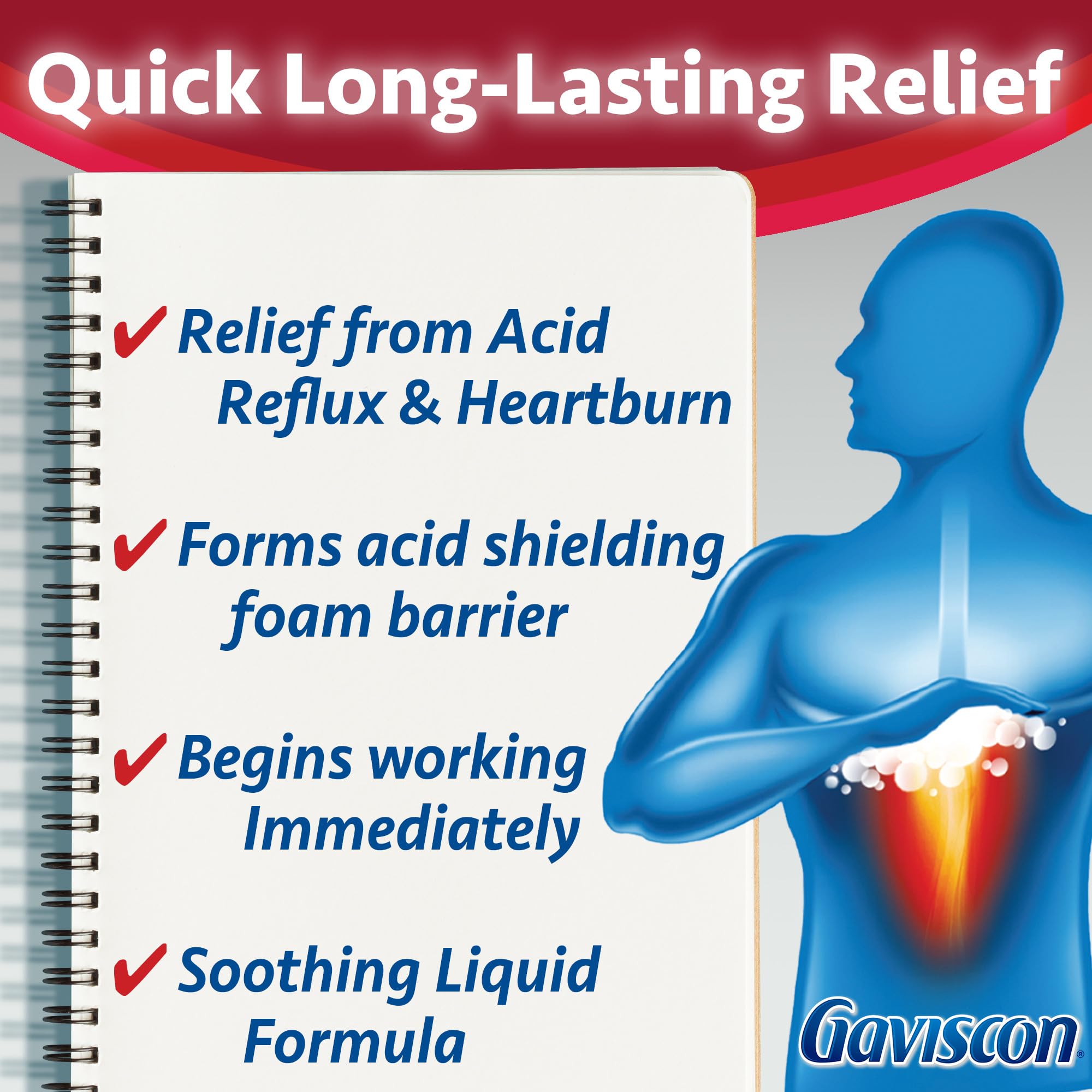Gaviscon Extra Strength Líquido Fruta, envase frontal; uso diurno y nocturno recomendado.