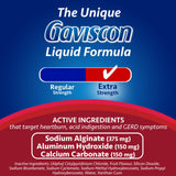 Gaviscon Extra Strength Líquido Fruta, etiqueta clara; fácil identificar sabor y uso recomendado.