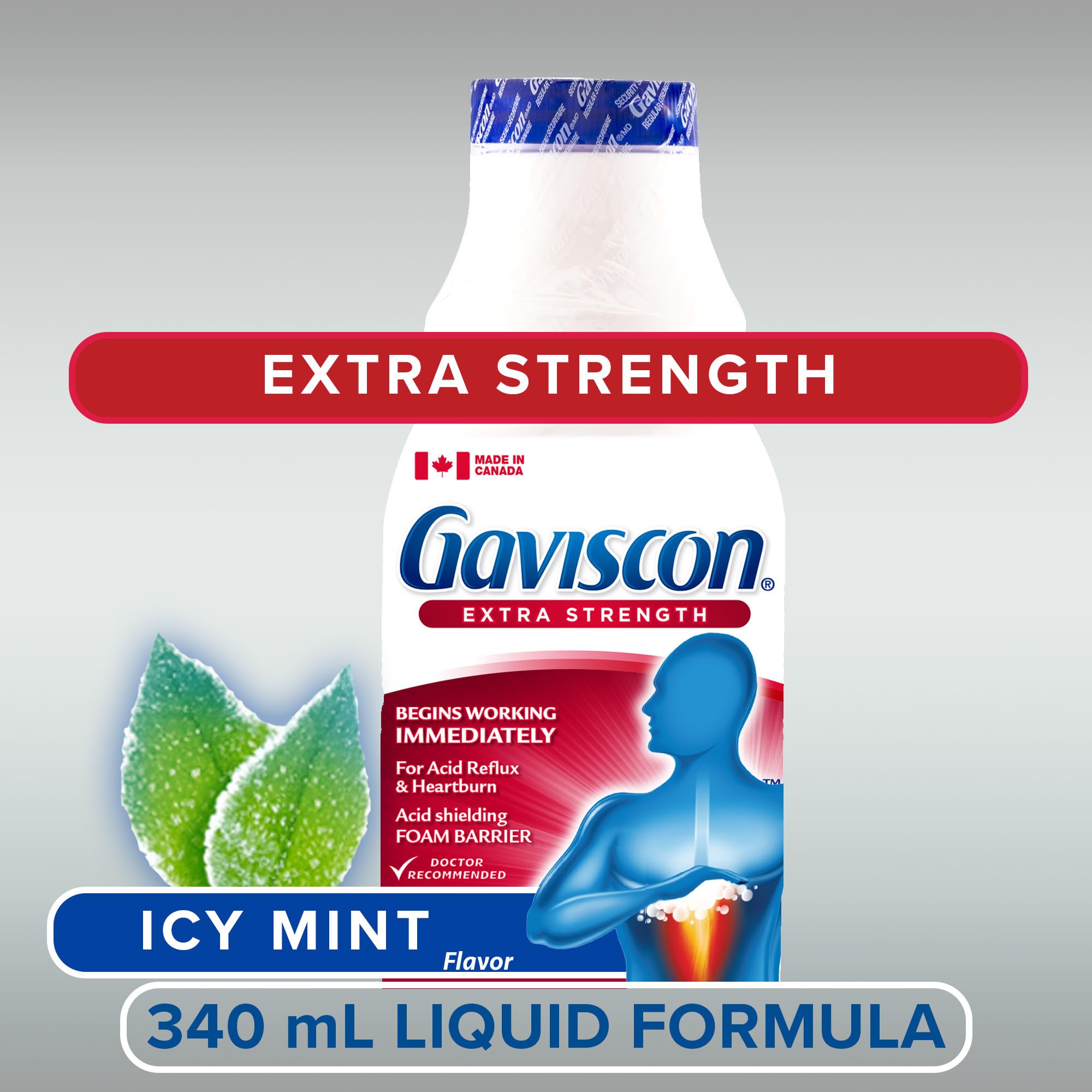 Mano sostiene botella GAVISCON fuerza extra mentas frías para uso rápido.
