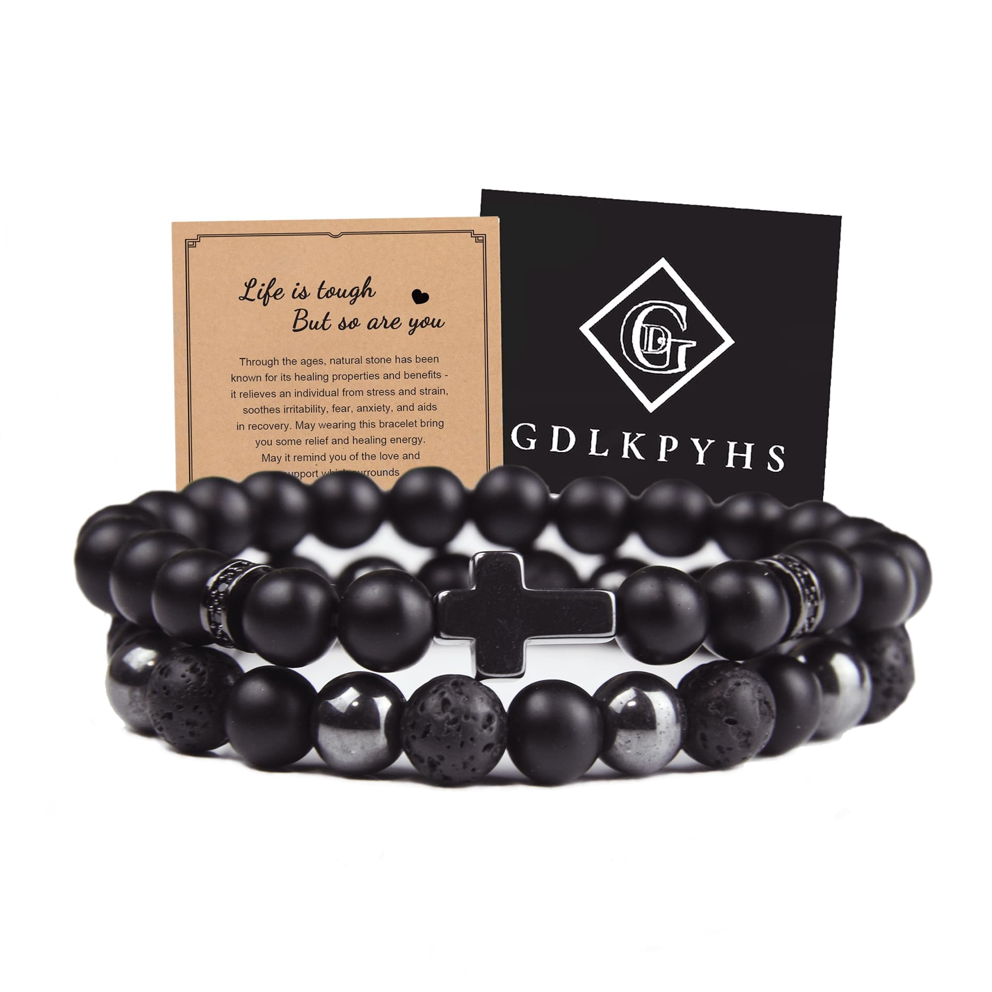 GDLKPYHS pulsera de obsidiana negra con cruz, estilo moderno para hombres.