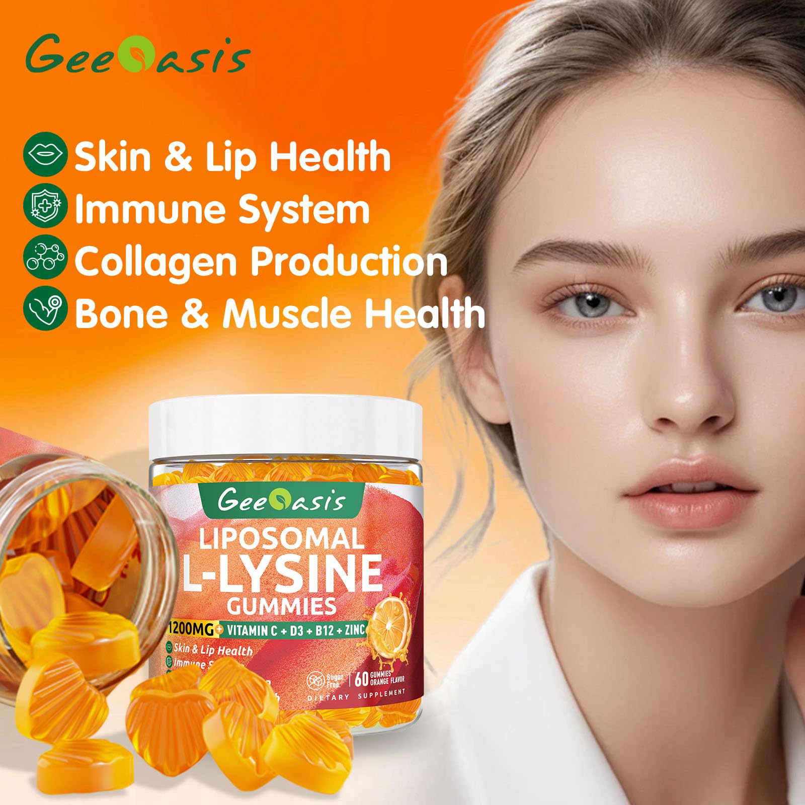 Geeoasis gominolas lisina D3 B12 para energía y nutrición diaria.