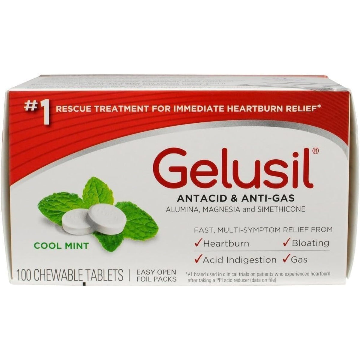 Gelusil antácido-antigas, tableta menta fría para alivio rápido.