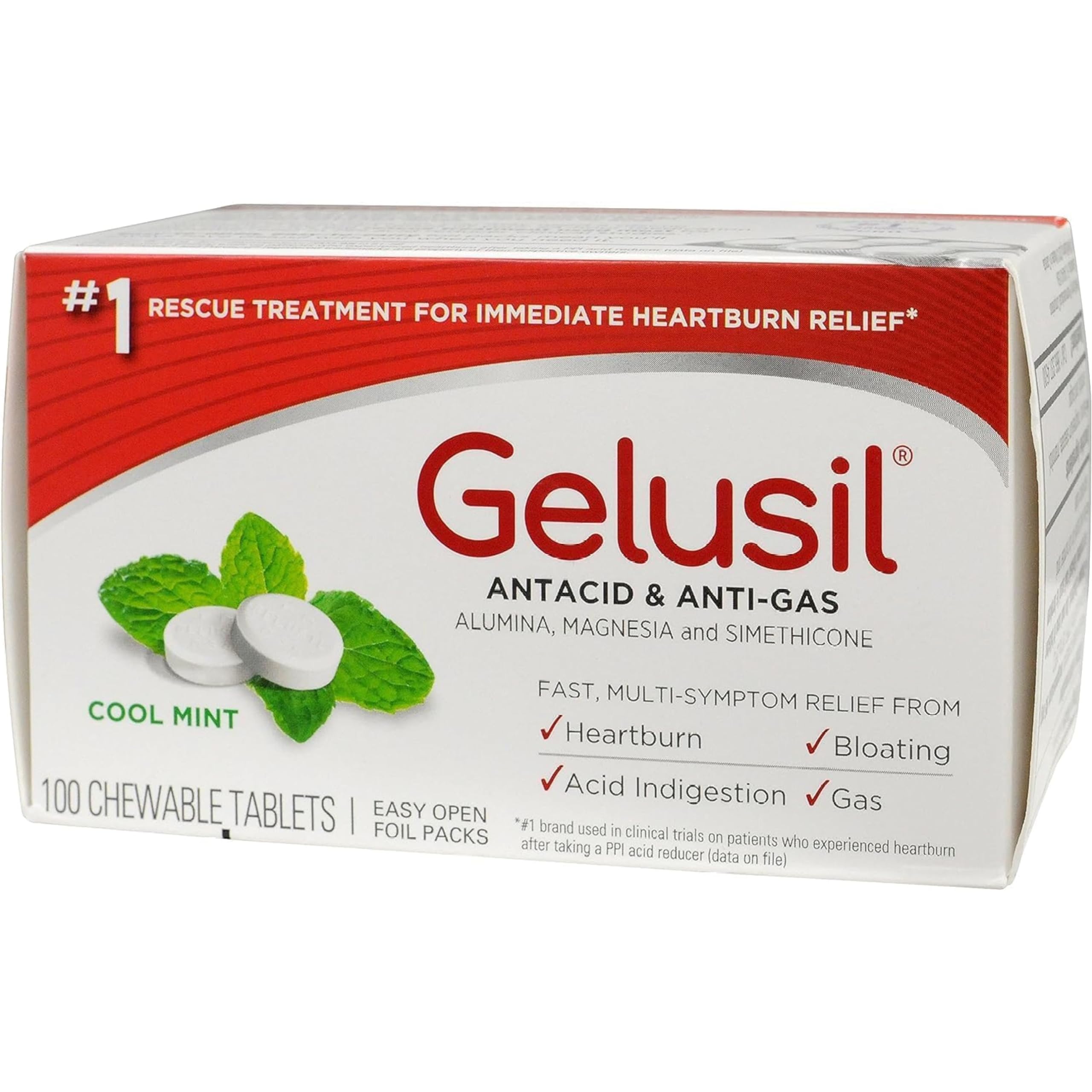 Gelusil tabletas antiácidas para gusto refrescante y fácil de masticar.