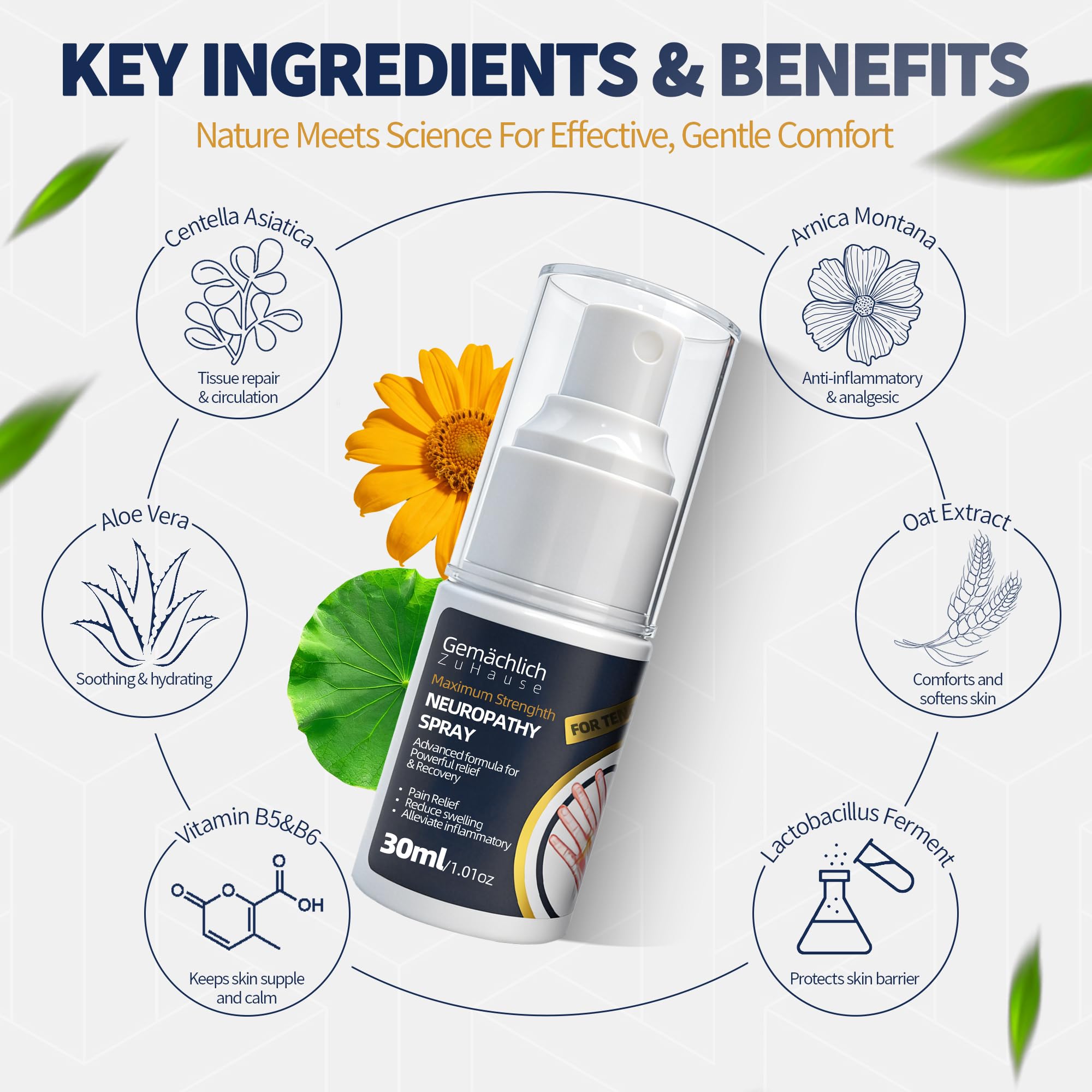 Calor profundo sin residuos, Gemächlich Zu Hause Arnica Spray en palma.