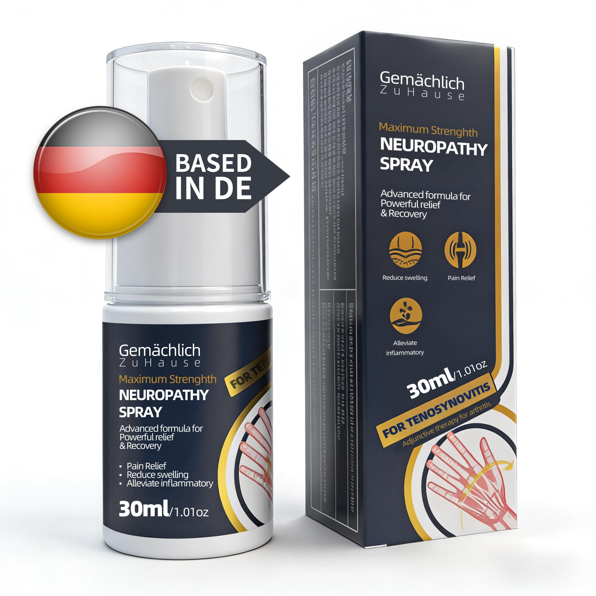 Uso recomendado para rigidez de dedos y muñecas con Gemächlich Zu Hause Arnica Spray.