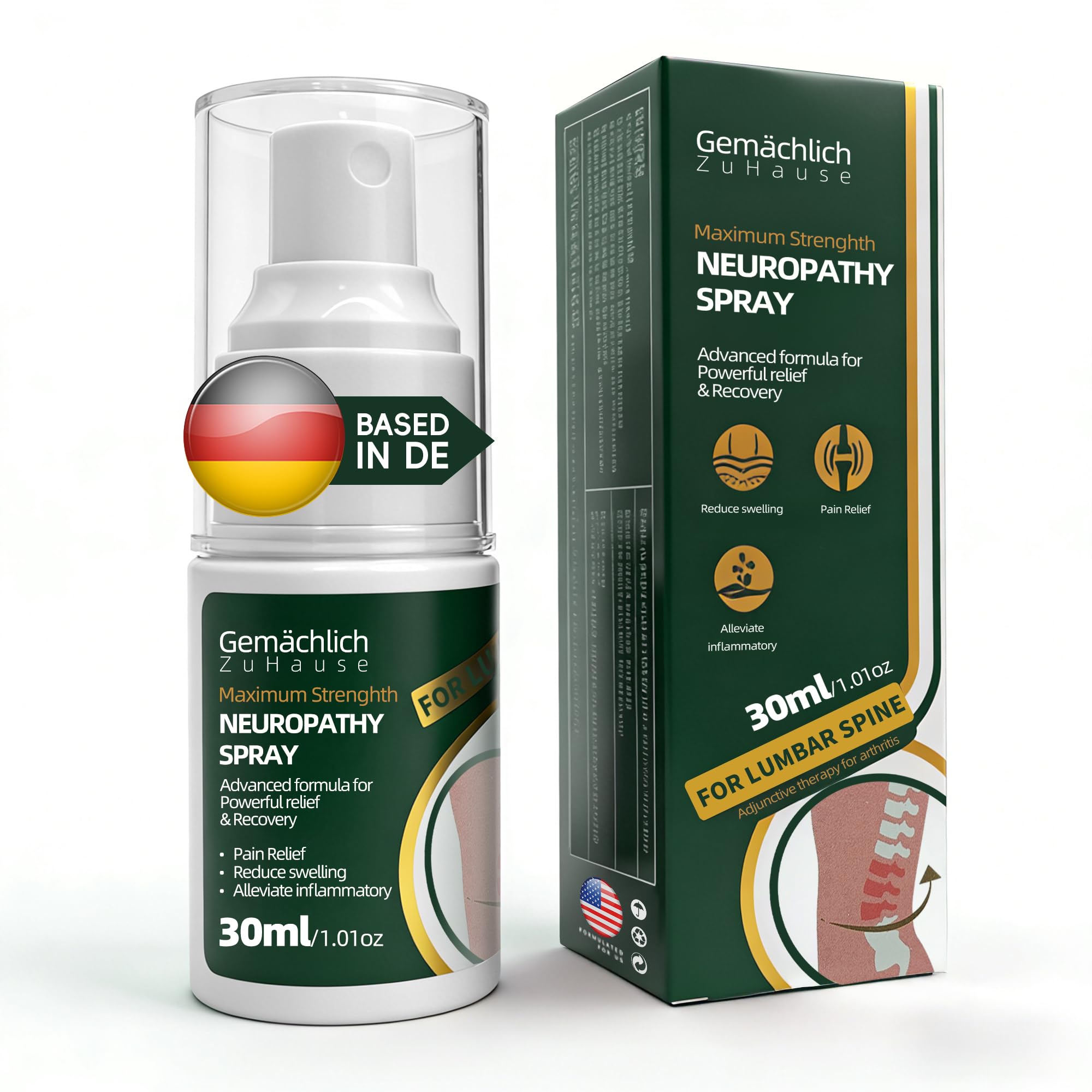 Gemächlich Zu Hause Arnica Spray: aplicación en zona lumbar para alivio potencial.
