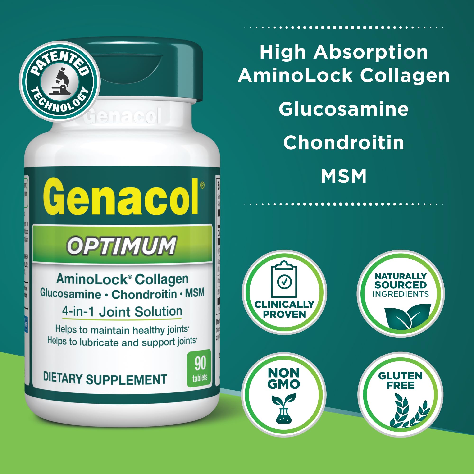 Genacol Optimum, ingredientes clave glucosamina y condroitina para articulaciones más flexibles.