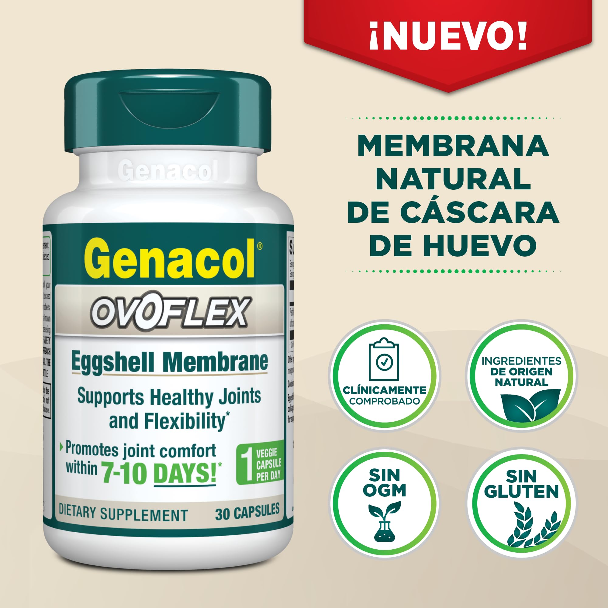 Genacol Ovoflex: textura suave de cápsula, fácil de ingerir.