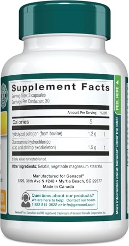 Genacol Plus etiqueta del producto, resalta colágeno ultra hidrolizado para articulaciones.
