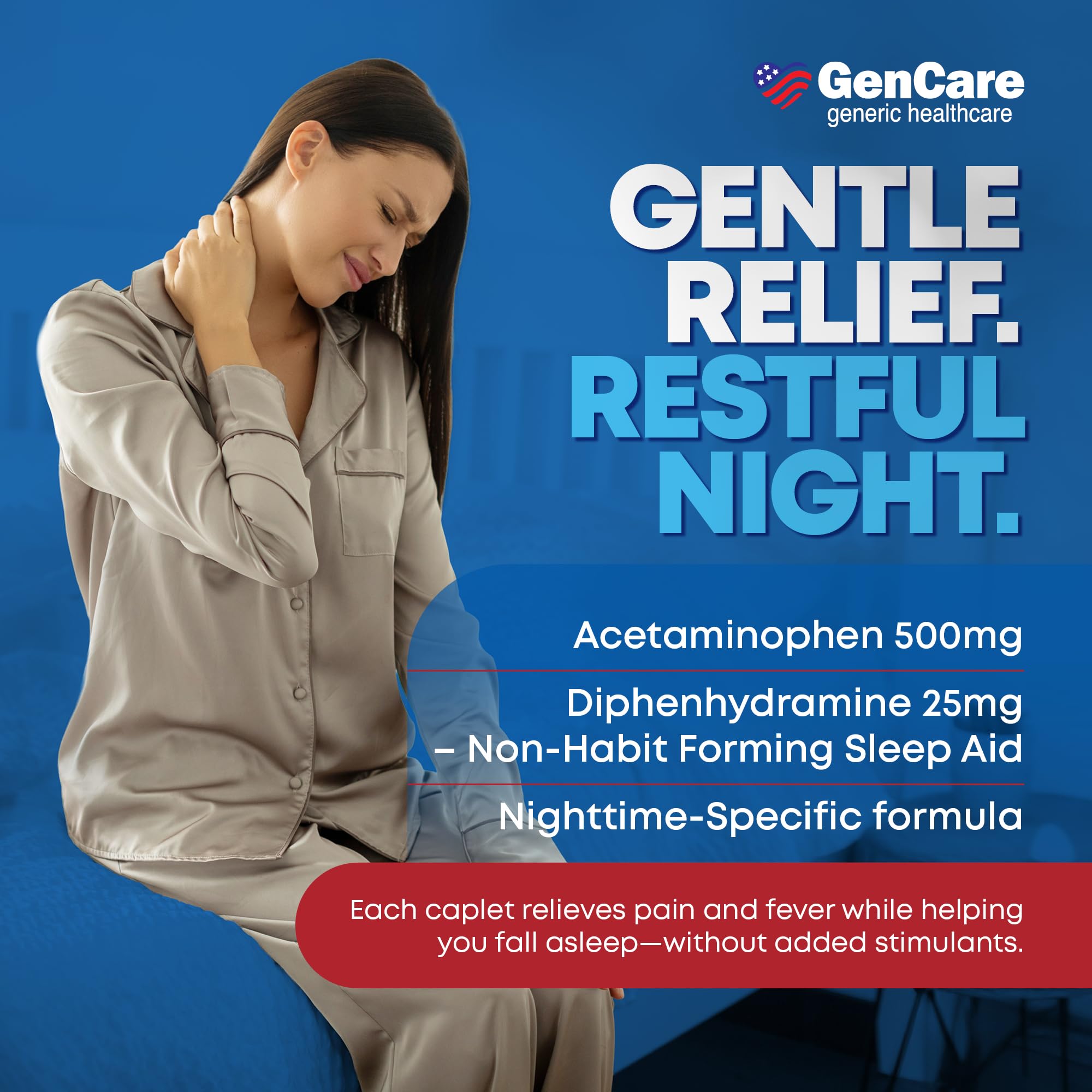 GenCare Acetaminofén PM con difenhidramina, fórmula nocturna para facilitar el descanso.