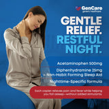 GenCare Acetaminofén PM con difenhidramina, fórmula nocturna para facilitar el descanso.