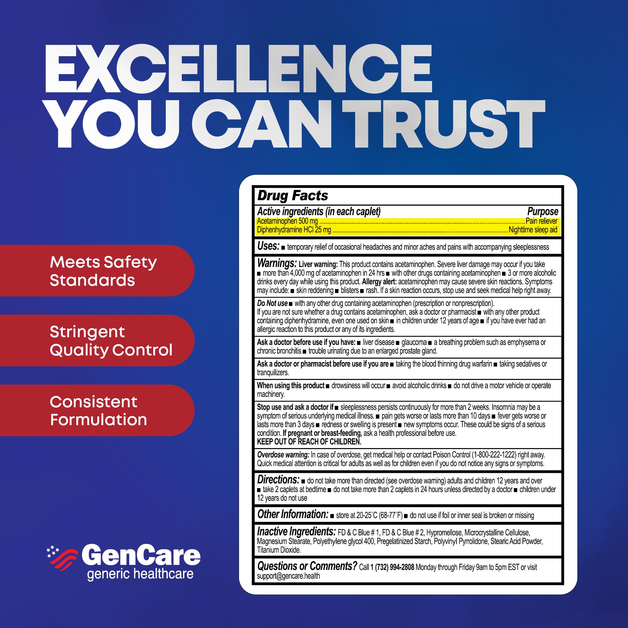 GenCare Acetaminofén PM efecto descanso, posible despertar más renovado.
