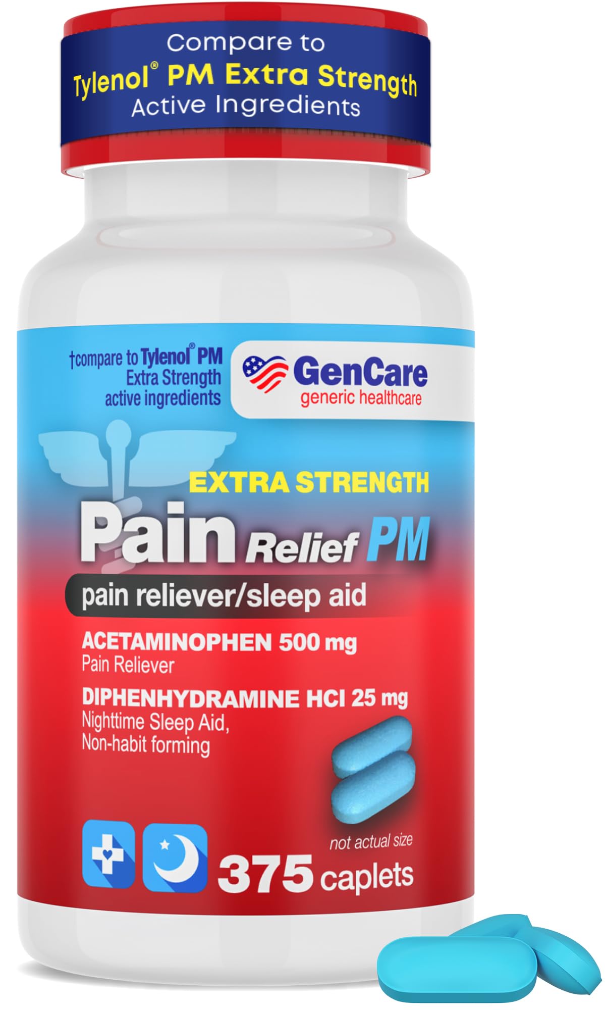 GenCare Acetaminofén PM en frasco nocturno, posible alivio del dolor y sueño más suave.