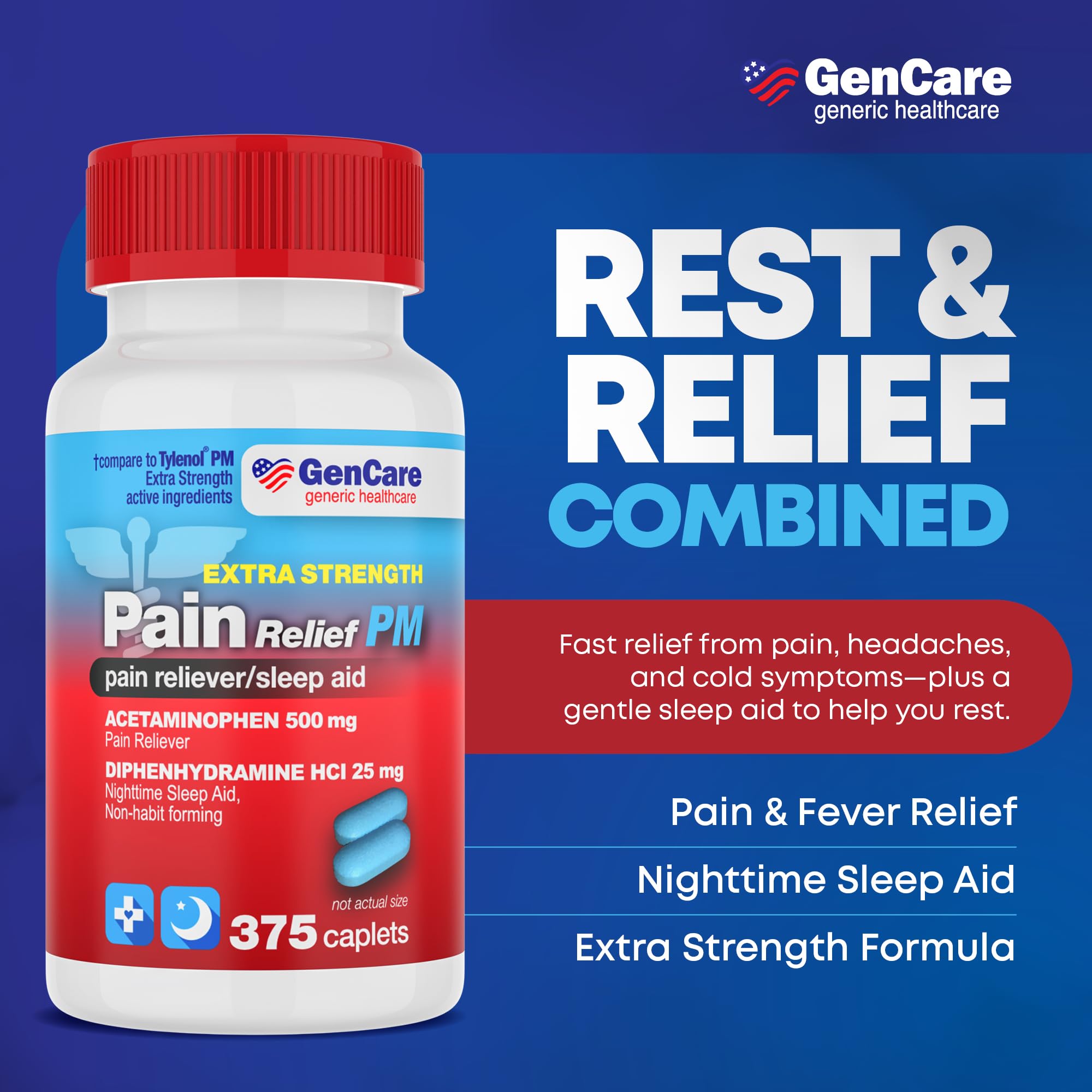 GenCare Acetaminofén PM tabletas 375, ahorro familiar y alivio rápido para dolor leve.