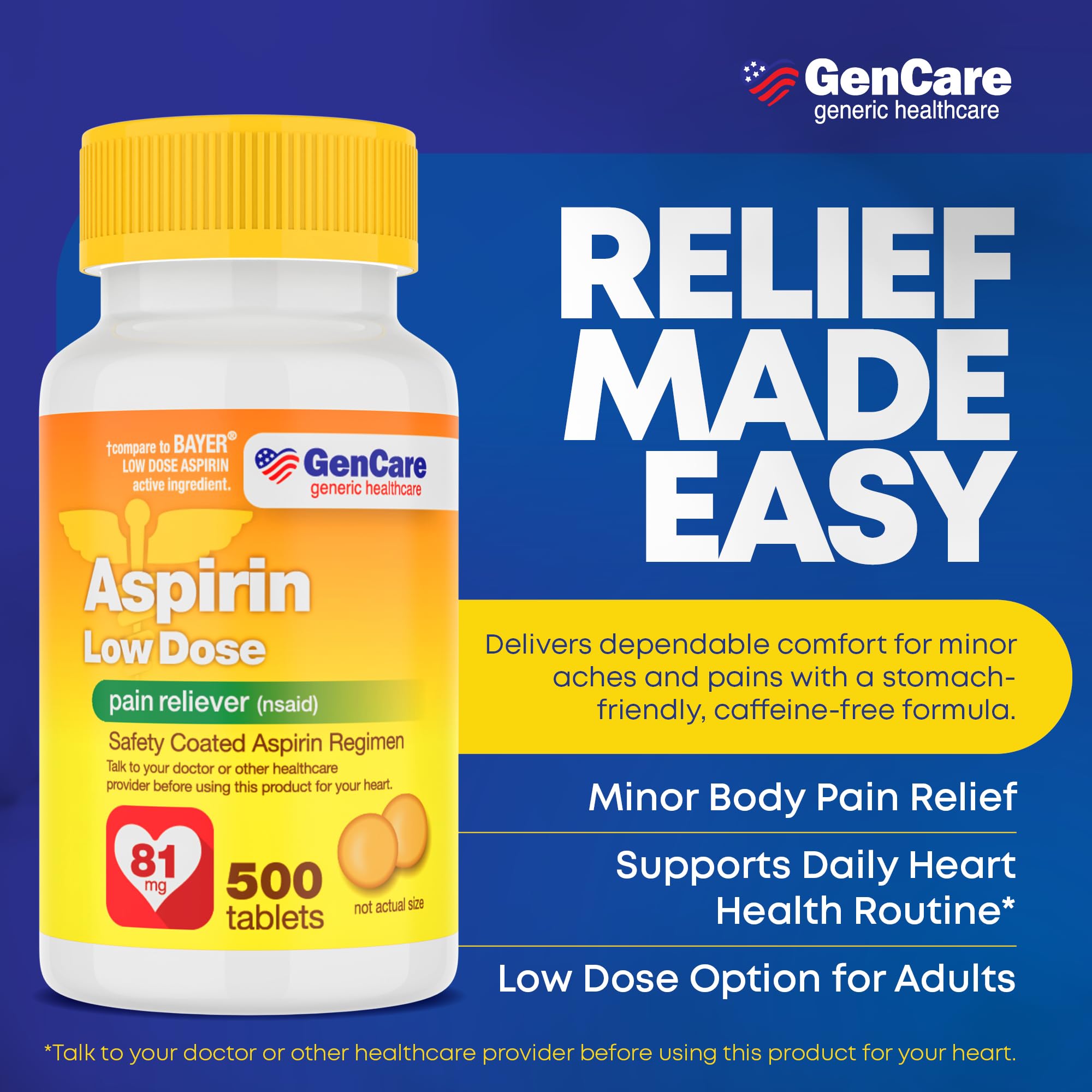 GenCare Aspirina 81 mg, caja de presentación, opción para la familia