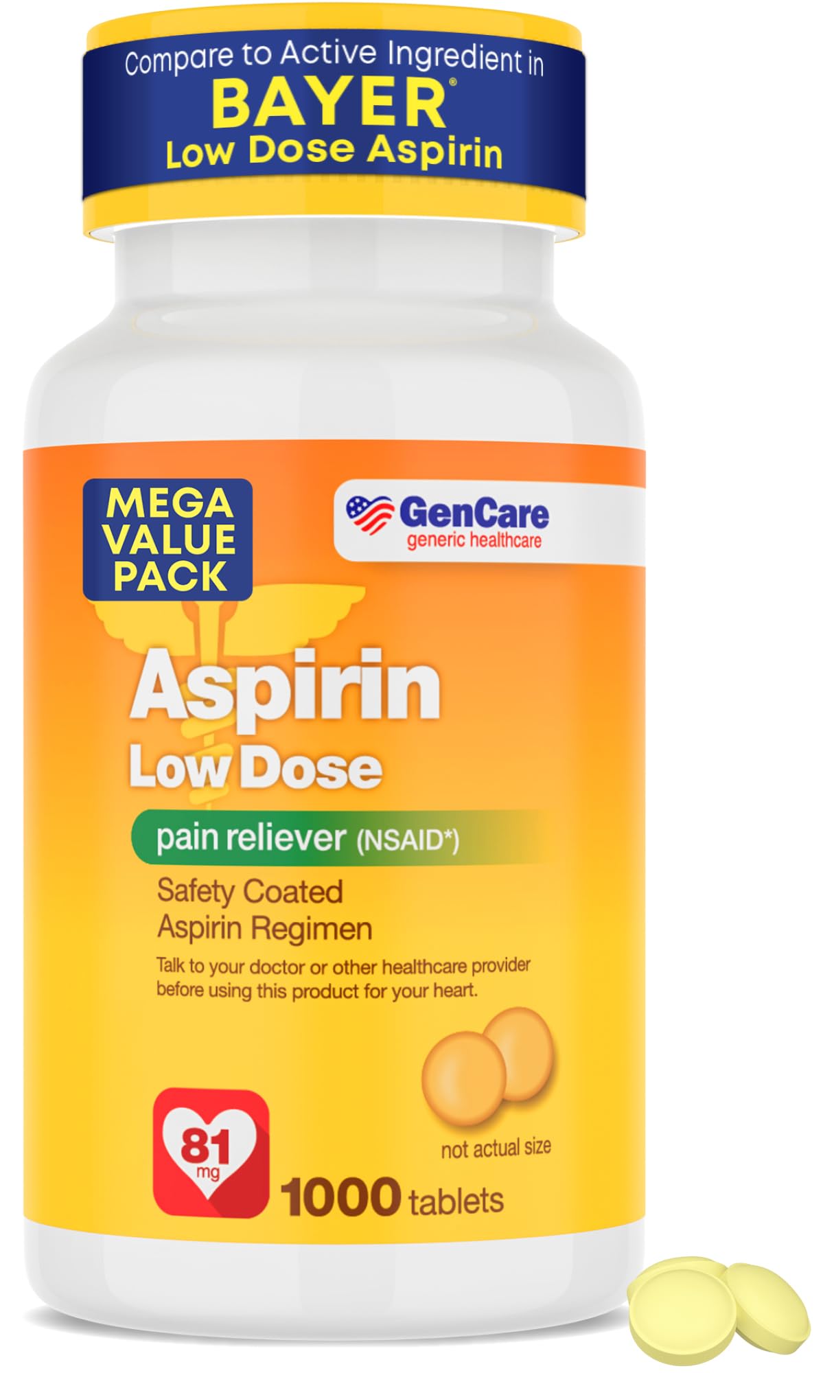 GenCare Aspirina 81 mg, envase frontal, opción de uso diario seguro.