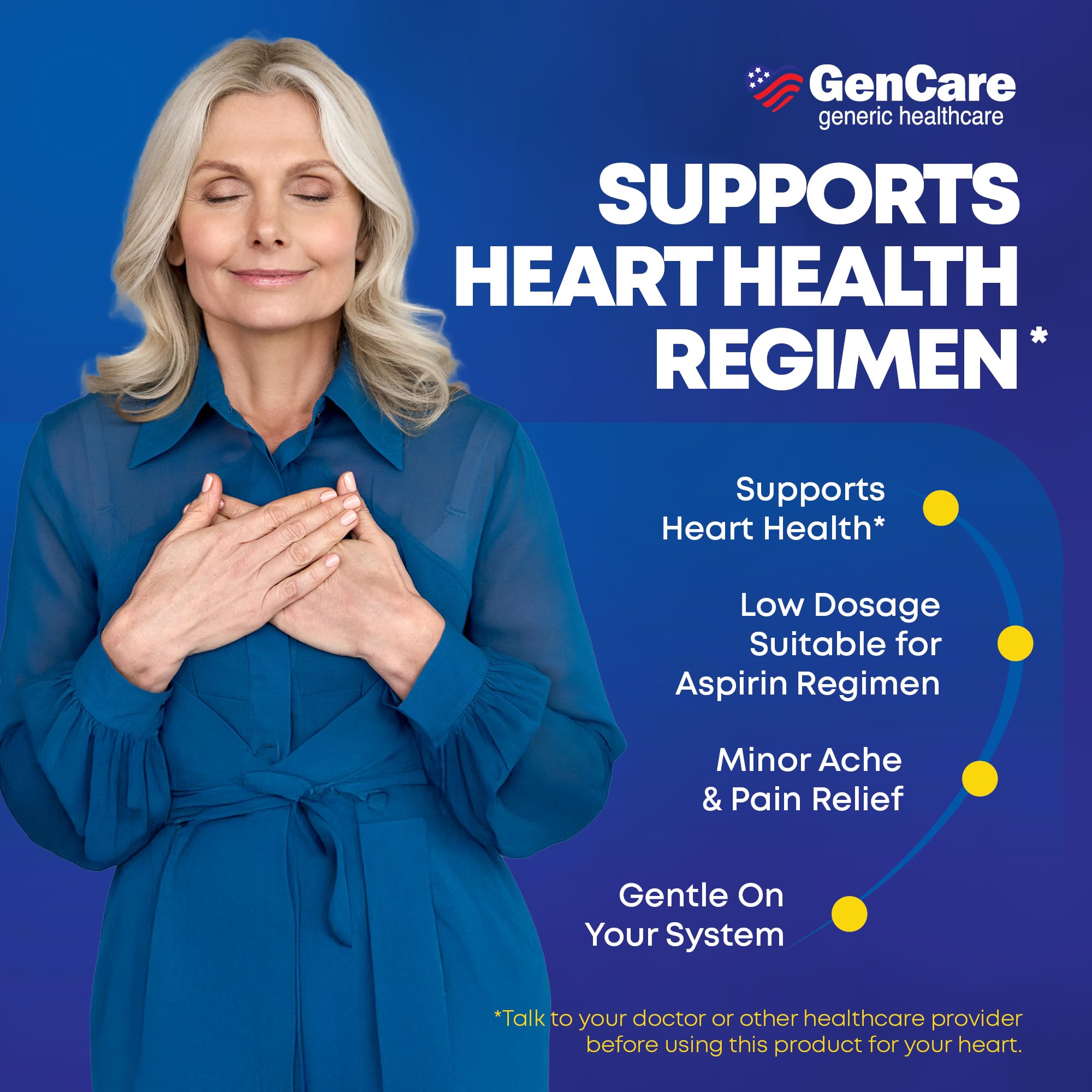 GenCare Aspirina 81 mg, envase grande, suministro práctico para el hogar.