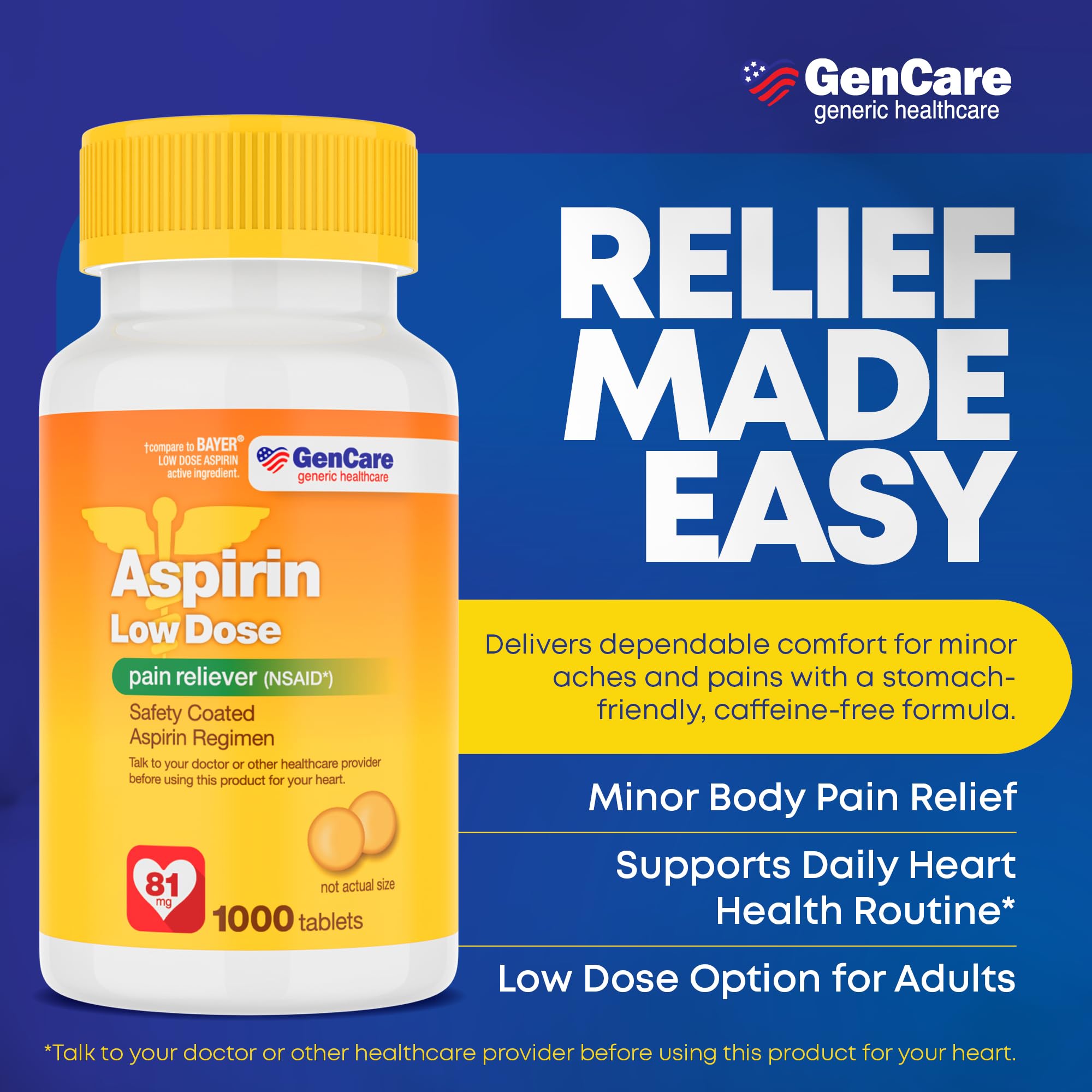 GenCare Aspirina 81 mg, etiqueta detallada, información clara para uso seguro.