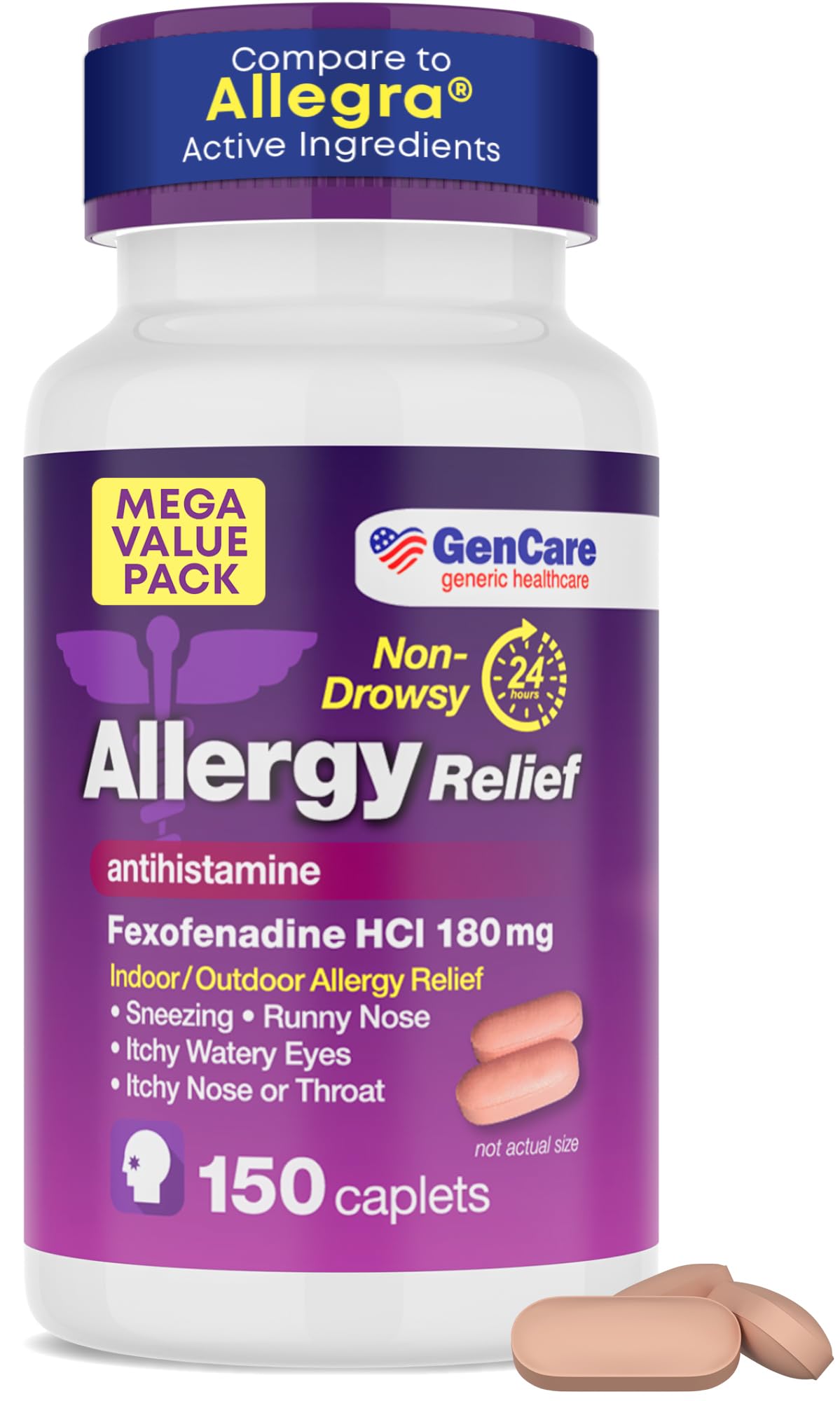 GenCare: botella de tabletas 180 mg para alivio diario de alergias.