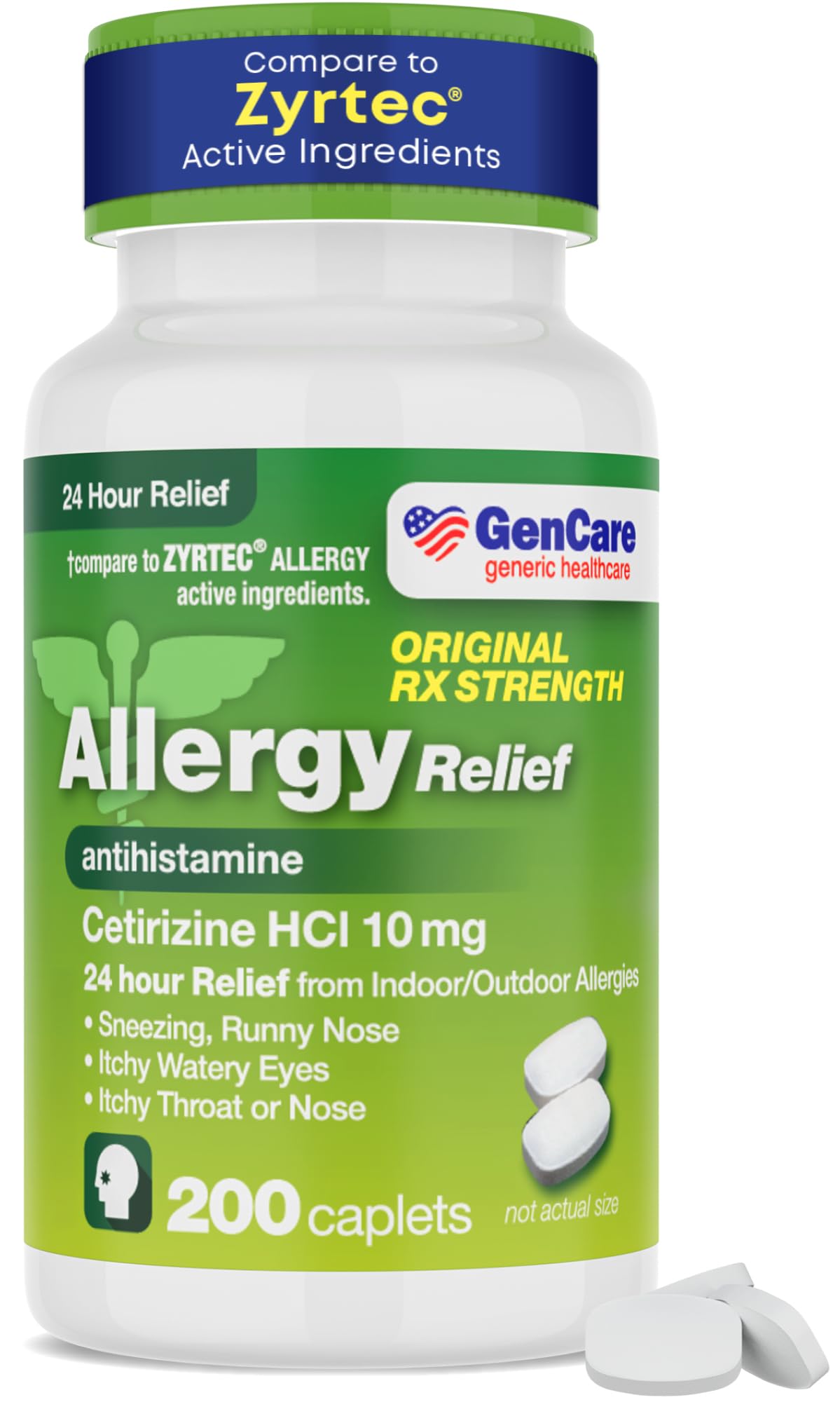 GenCare Cetirizina 10 mg, botella de 200 comprimidos para alivio de alergias todo el día.