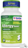 GenCare Cetirizina 10 mg, botella de 200 comprimidos para alivio de alergias todo el día.