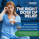 GenCare Cetirizina 10 mg, dosis diaria, pastillas para uso diario sin somnolencia.