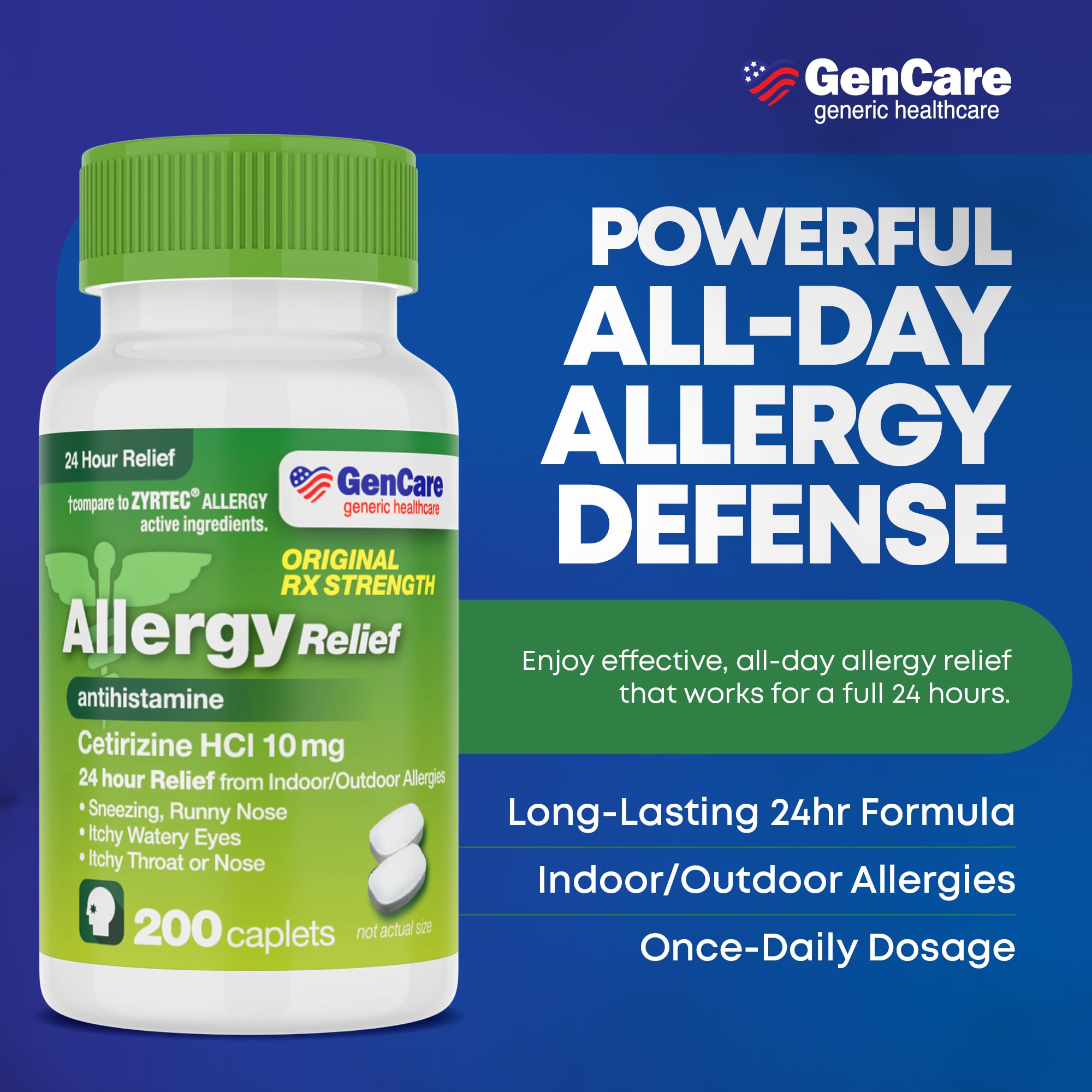 GenCare Cetirizina 10 mg, empaque exterior, opción de compra a granel para alergias.