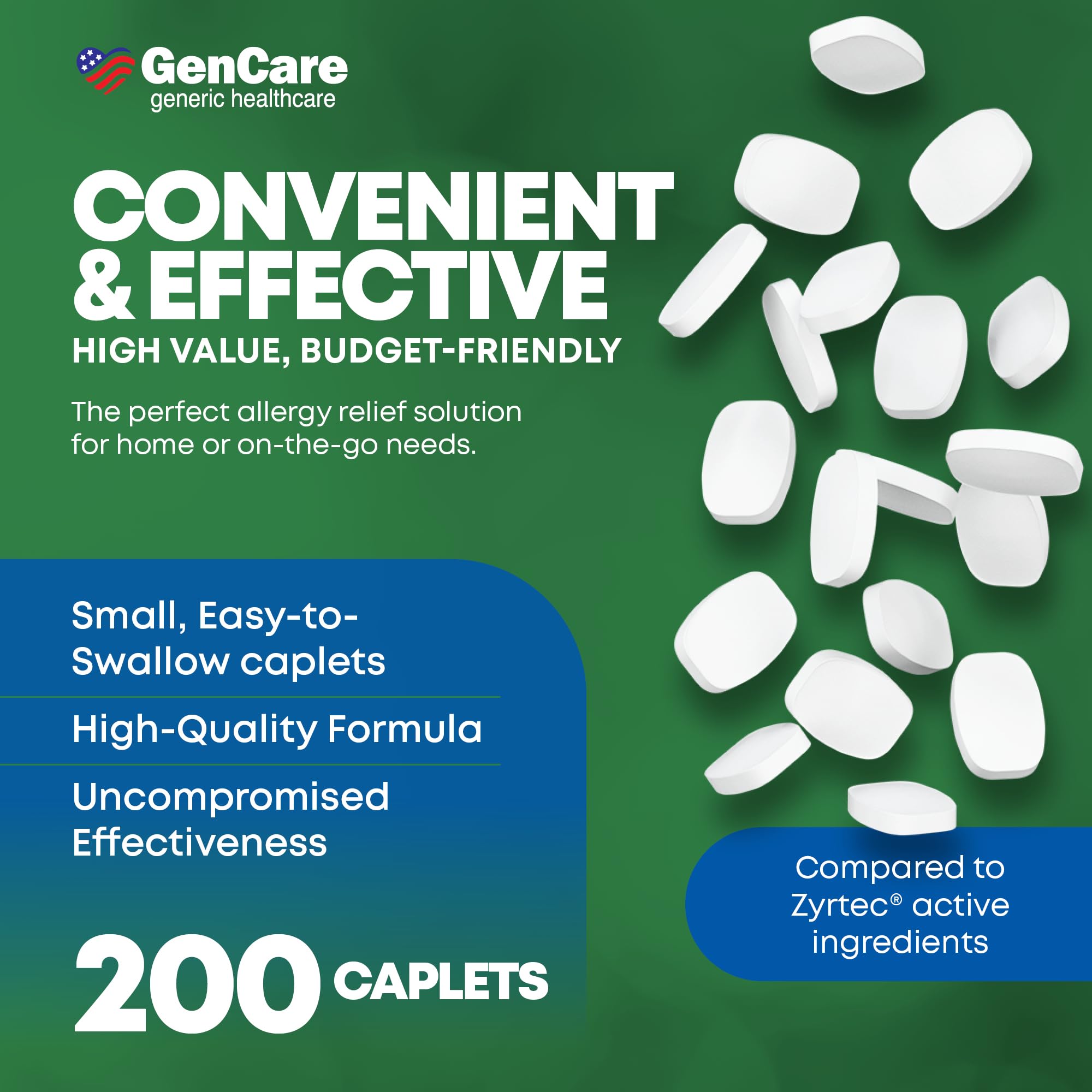 GenCare Cetirizina 10 mg, pastillas en mano, alivio de estornudos e irritación ocular.