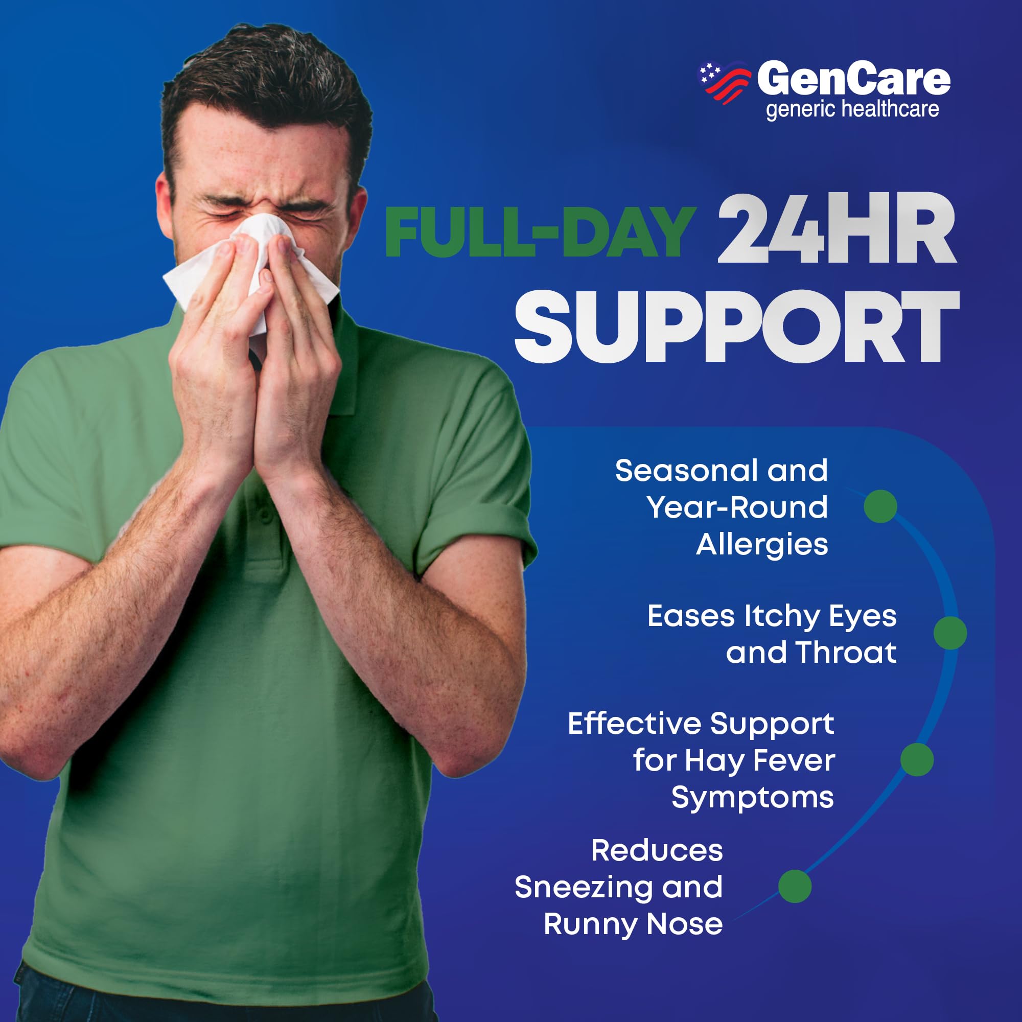 GenCare Cetirizina 10 mg, pastillas en vaso, alivio rápido para ojos irritados.