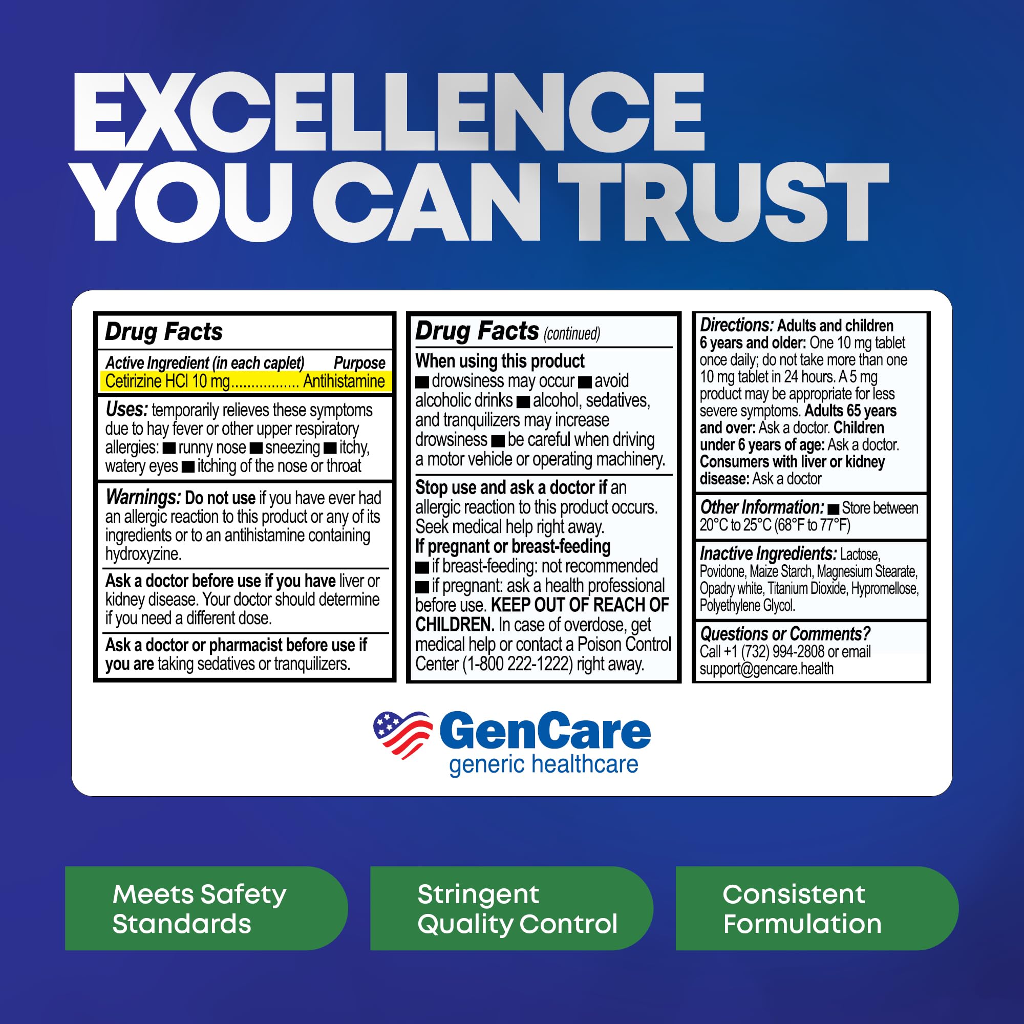 GenCare Cetirizina 10 mg, pastillas para alergias, formato diario sin somnolencia.