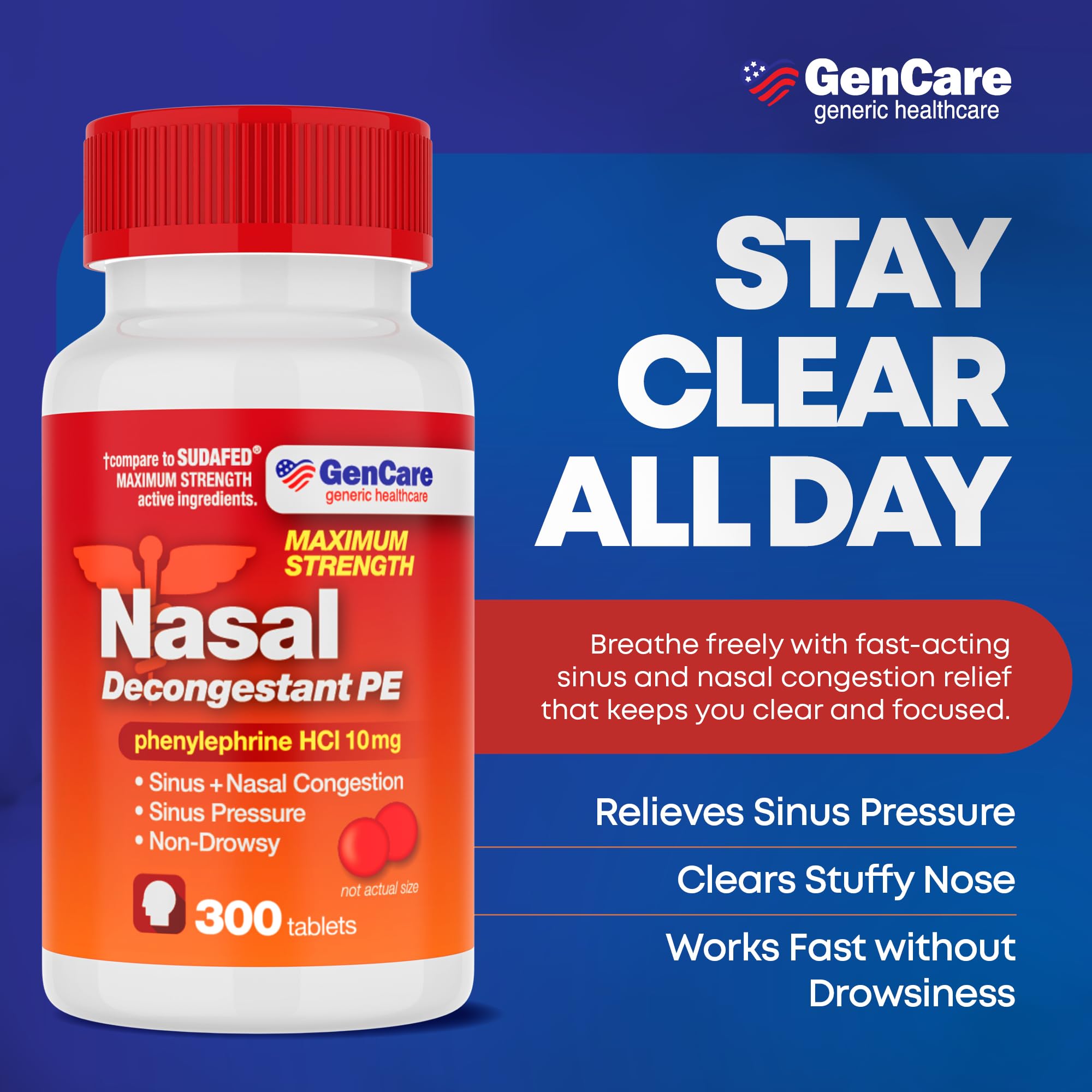 GenCare Descongestionante nasal PE: empaque de 300 comprimidos para ahorro sostenido.