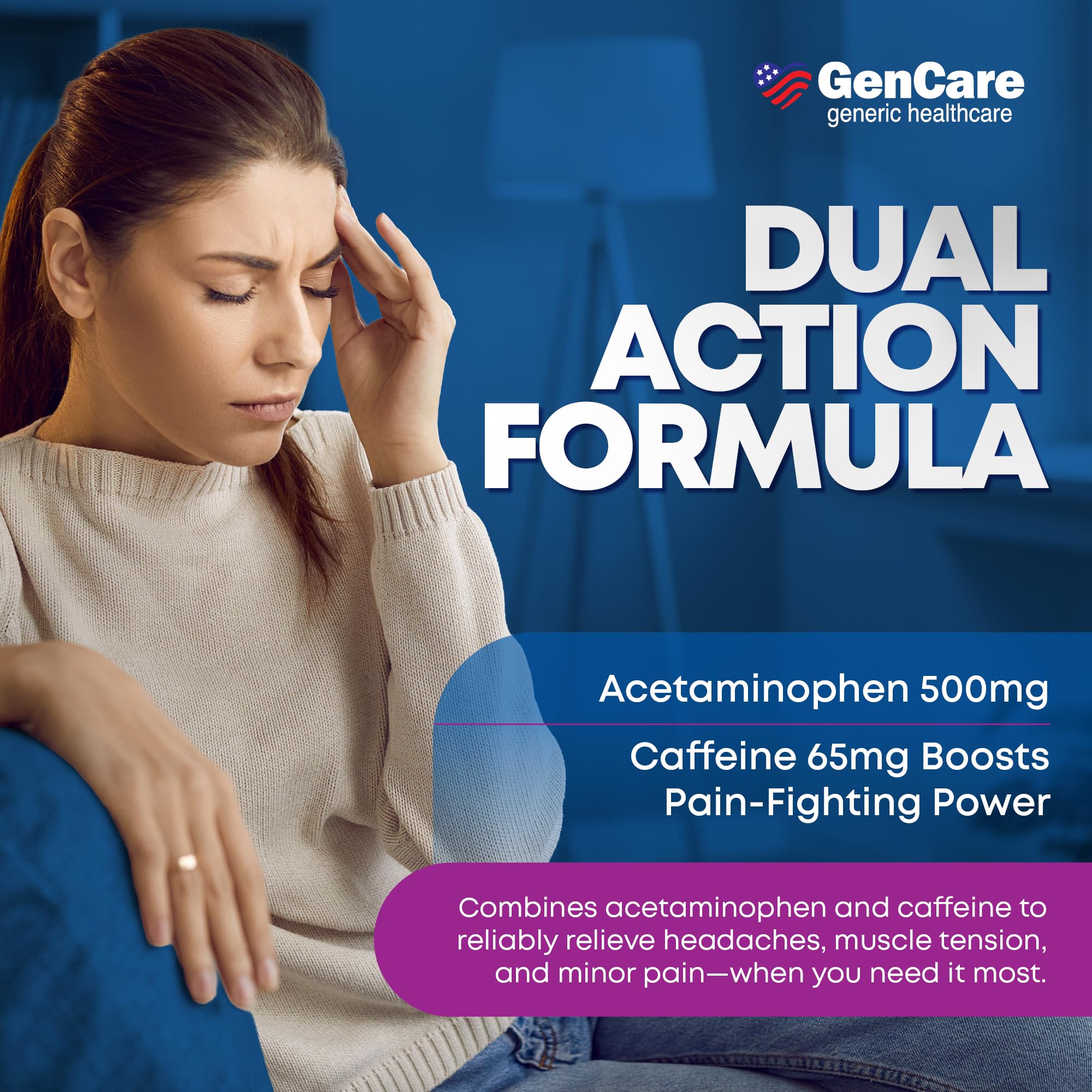 GenCare etiqueta acetaminofen 500 mg para alivio fiable en el día.