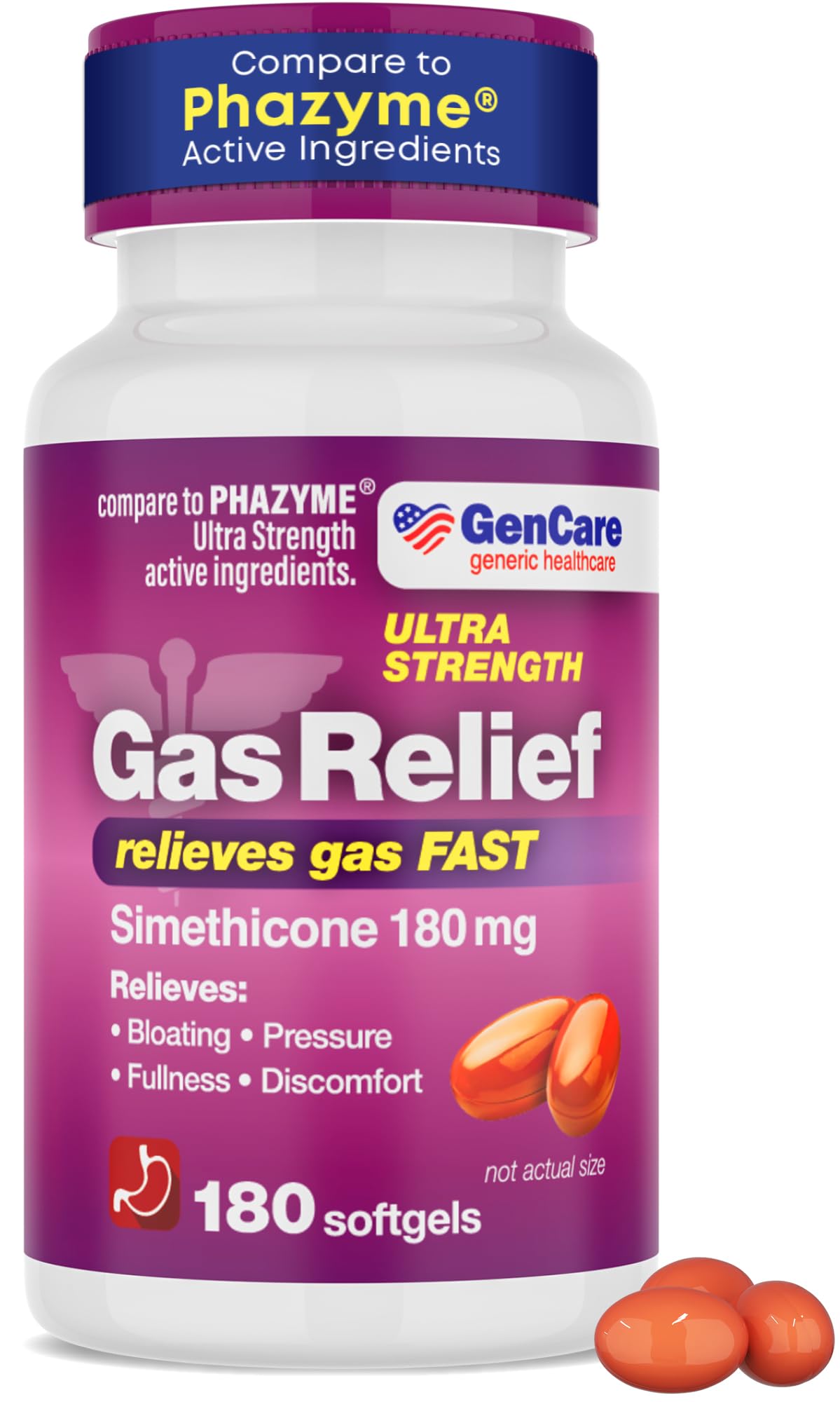 GenCare Simeticona 180 mg cápsulas blandas con alivio rápido del gas.