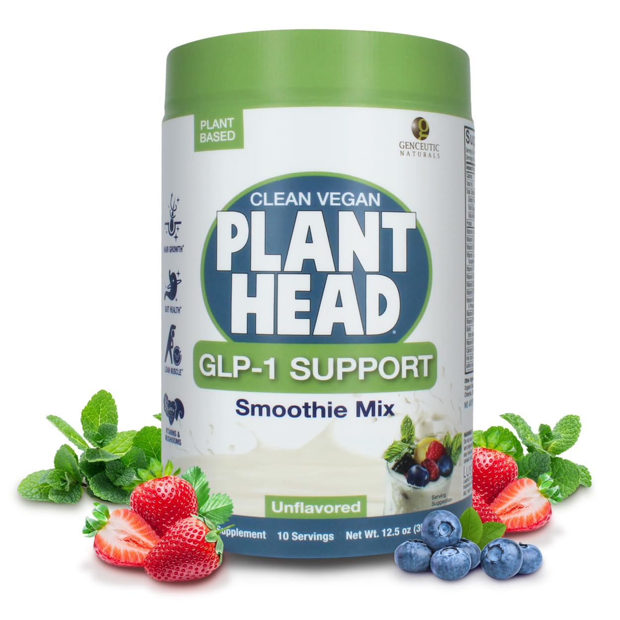 Genceutic Naturals Plant Head GLP-1 polvo blanco para mezclar con proteína vegetal.