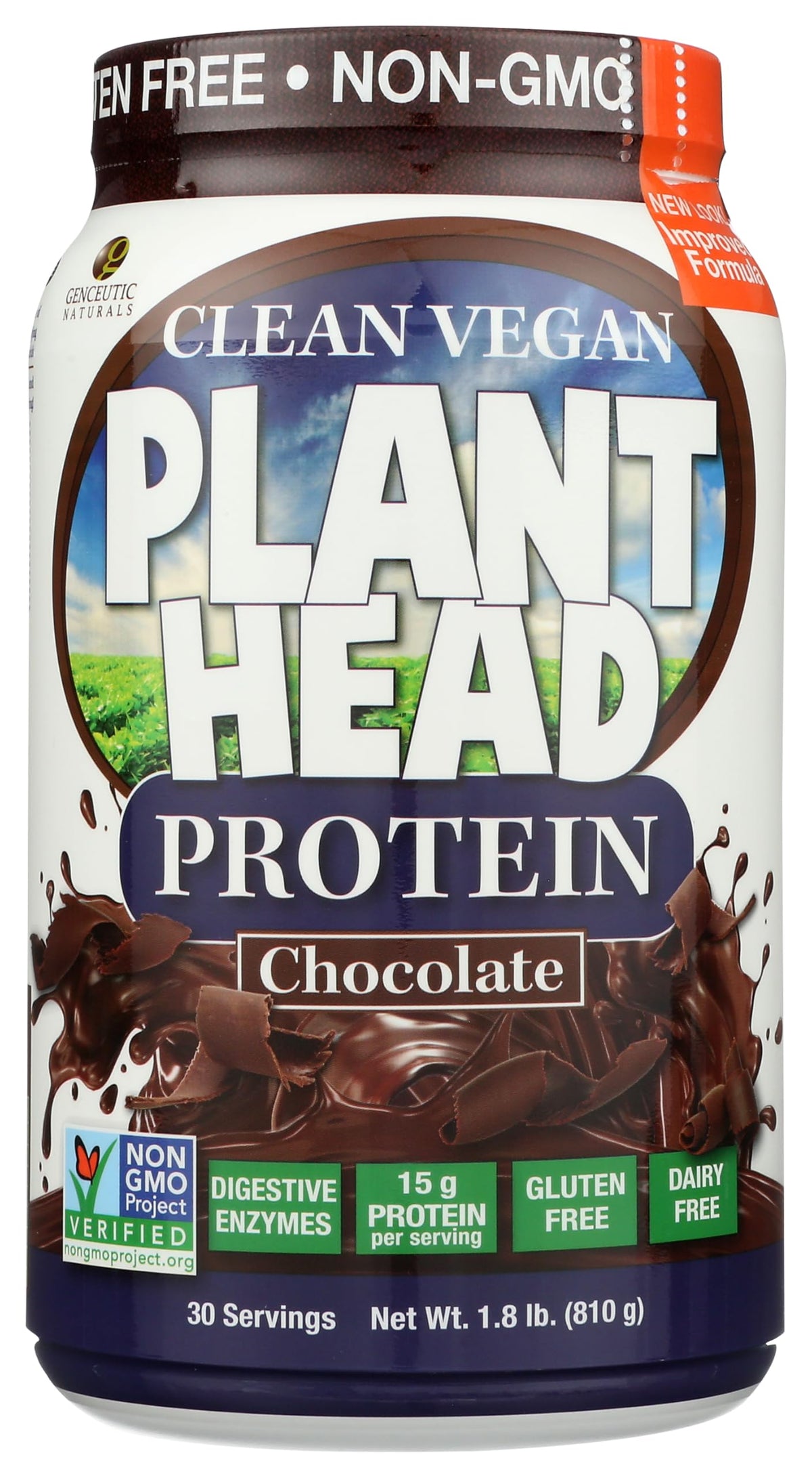 Proteína vegetal de Genceutic Naturals en botella chocolate para batidos diarios.