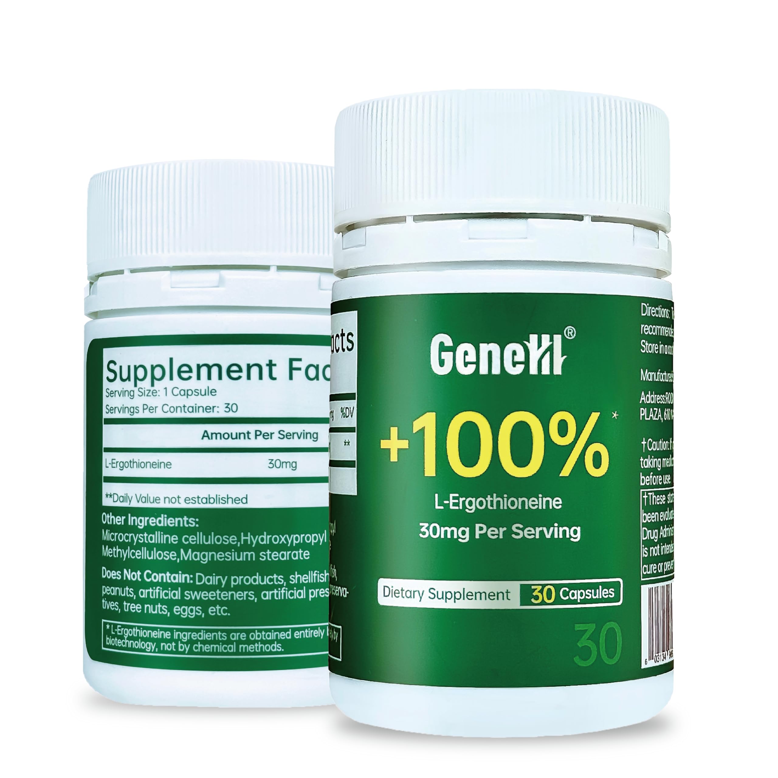 GeneIII ergotioneína cápsula de 30 mg, fuente antioxidante para energía diaria.