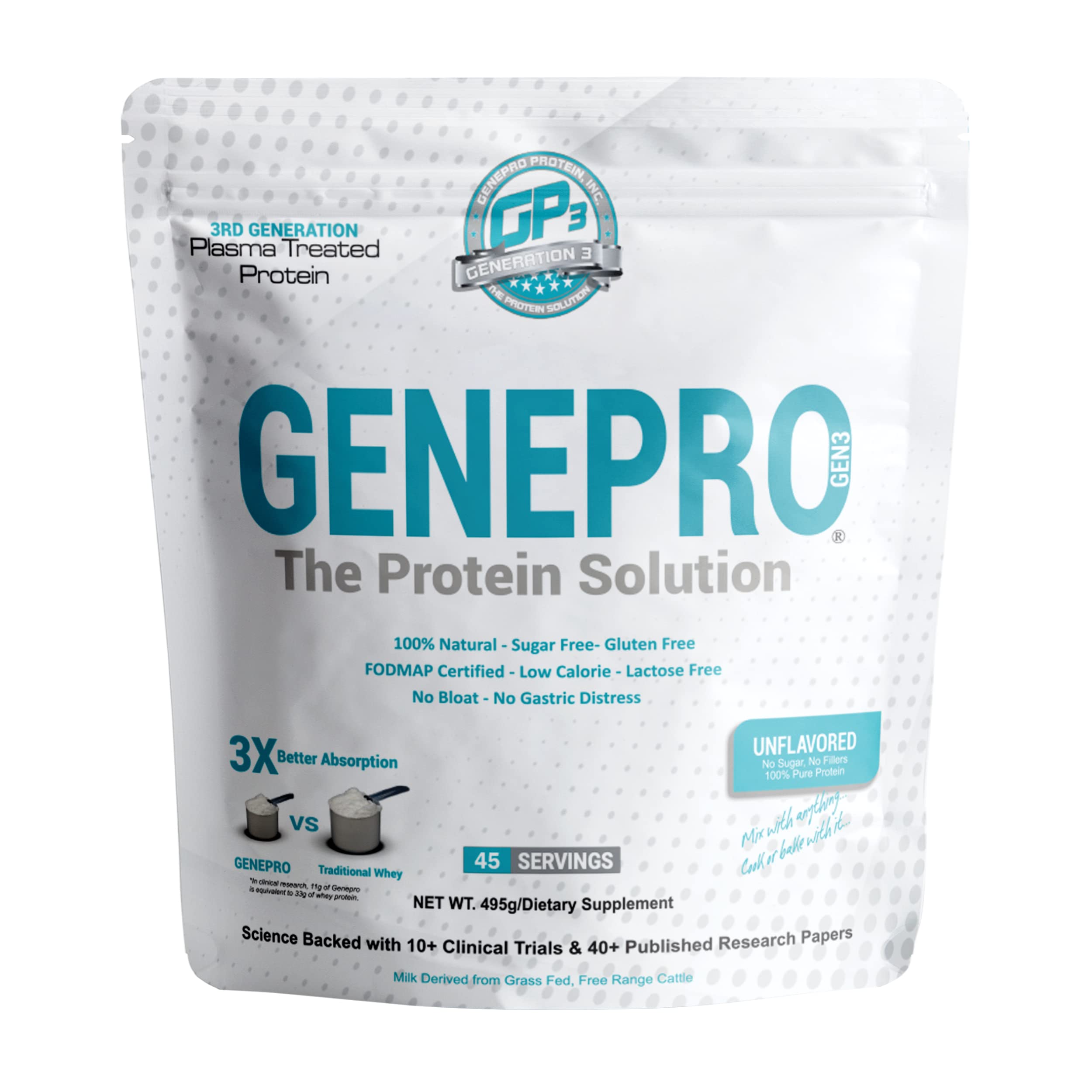 GENEPRO GEN. 3, lata de 45 porciones, proteína aislada sin lactosa para dietas equilibradas.