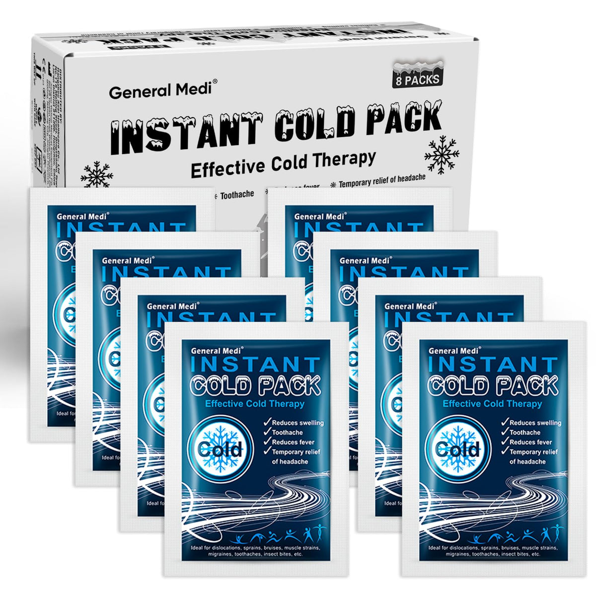 General Medi bolsas de hielo instantáneas, empaque de 8 unidades para alivio rápido.
