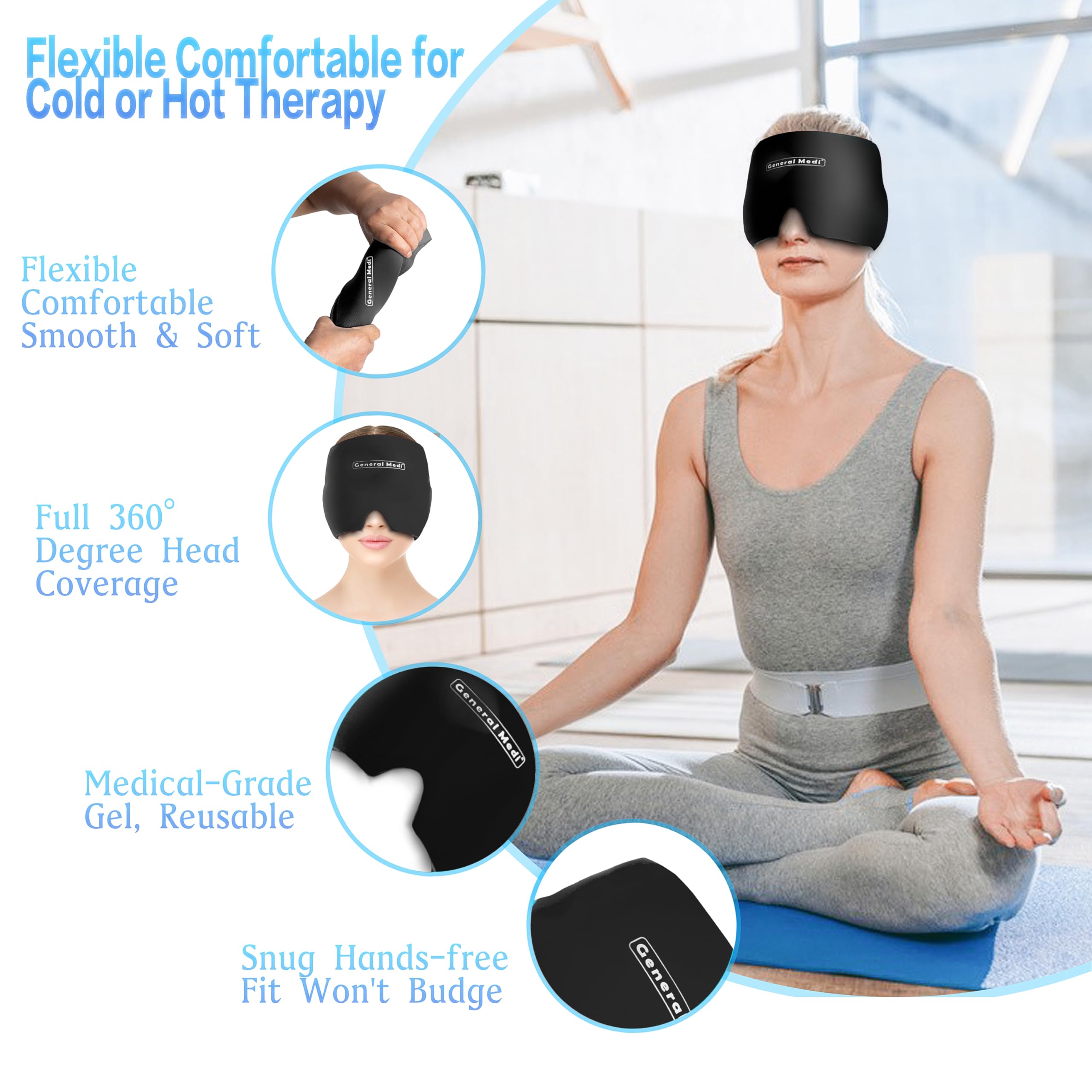 Gorro frío General Medi migraña cobertura 360, ajuste cómodo y cobertura total.